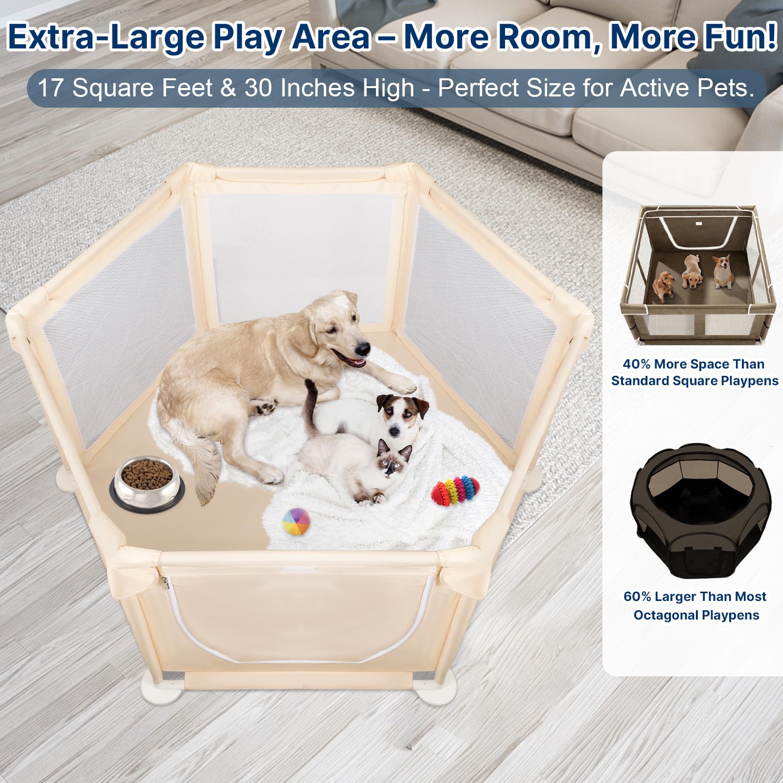 58''X58''X30'' Large Dog Playpen Indoor, Extra Tall Puppy Playpen With Removable Roof, Sturdy Fabric Mesh Dog Pen For Medium To