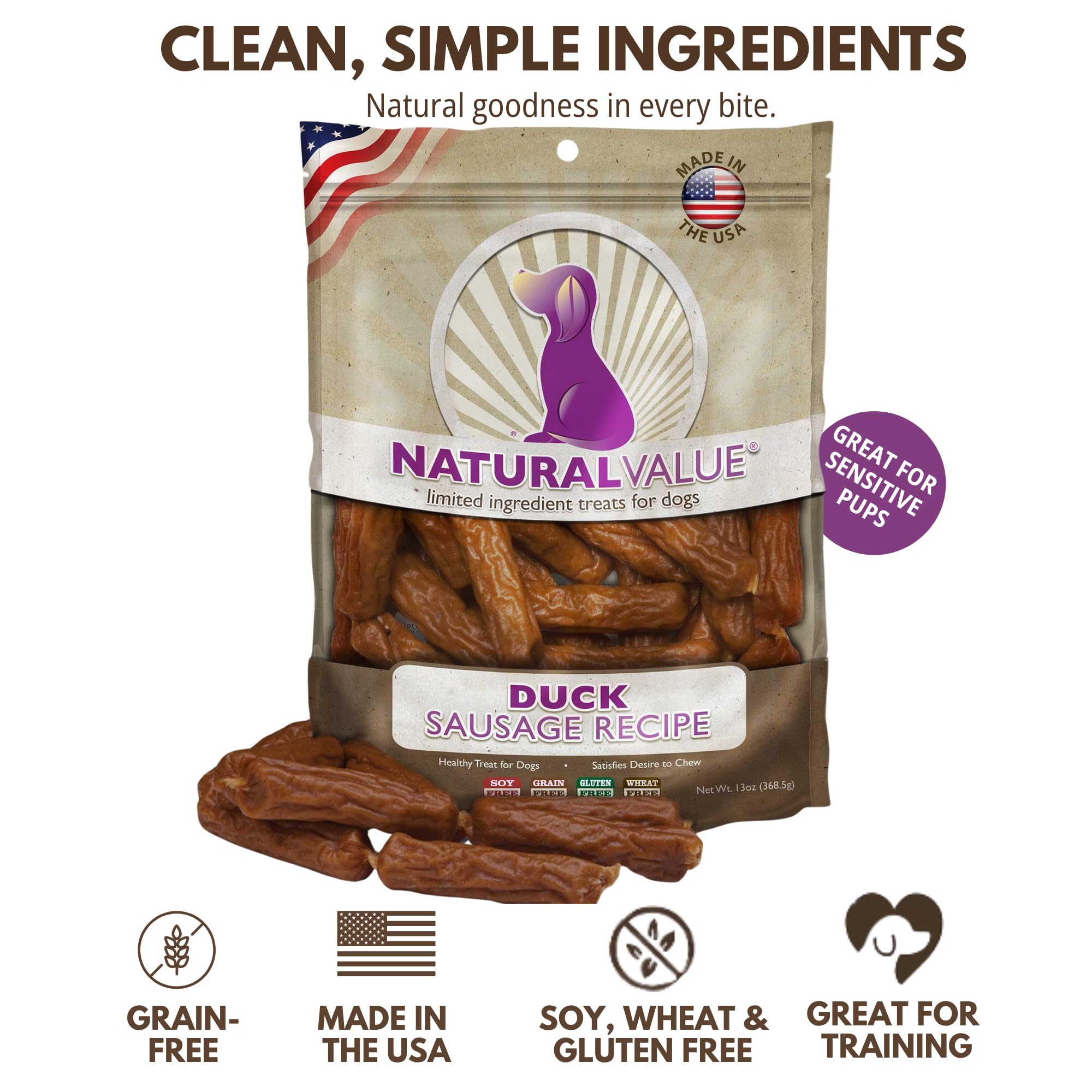 Loving Pets Natural Value Duck Sausages - Soft Jerky Dog Treats for Large & Small Breeds - Healthy Gluten, Wheat, Soy & Grain Fr