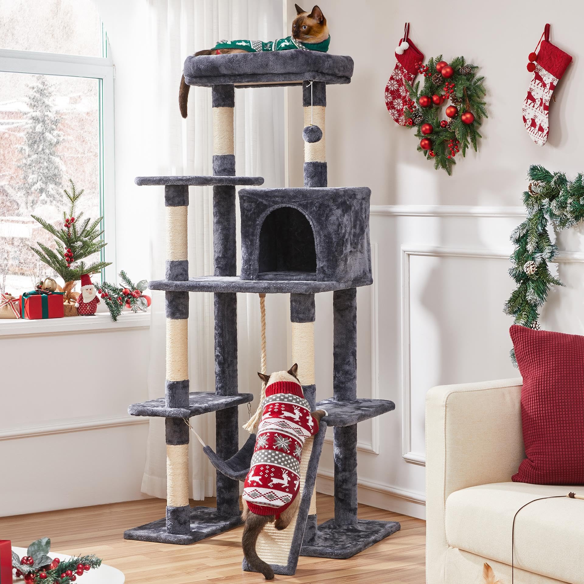 Yaheetech Large Multi-Level Cat Tree, 63 Inches Tall With Sisal-Covered Scratching Posts, Condo, Hammock, Dangling Ball, And Ext