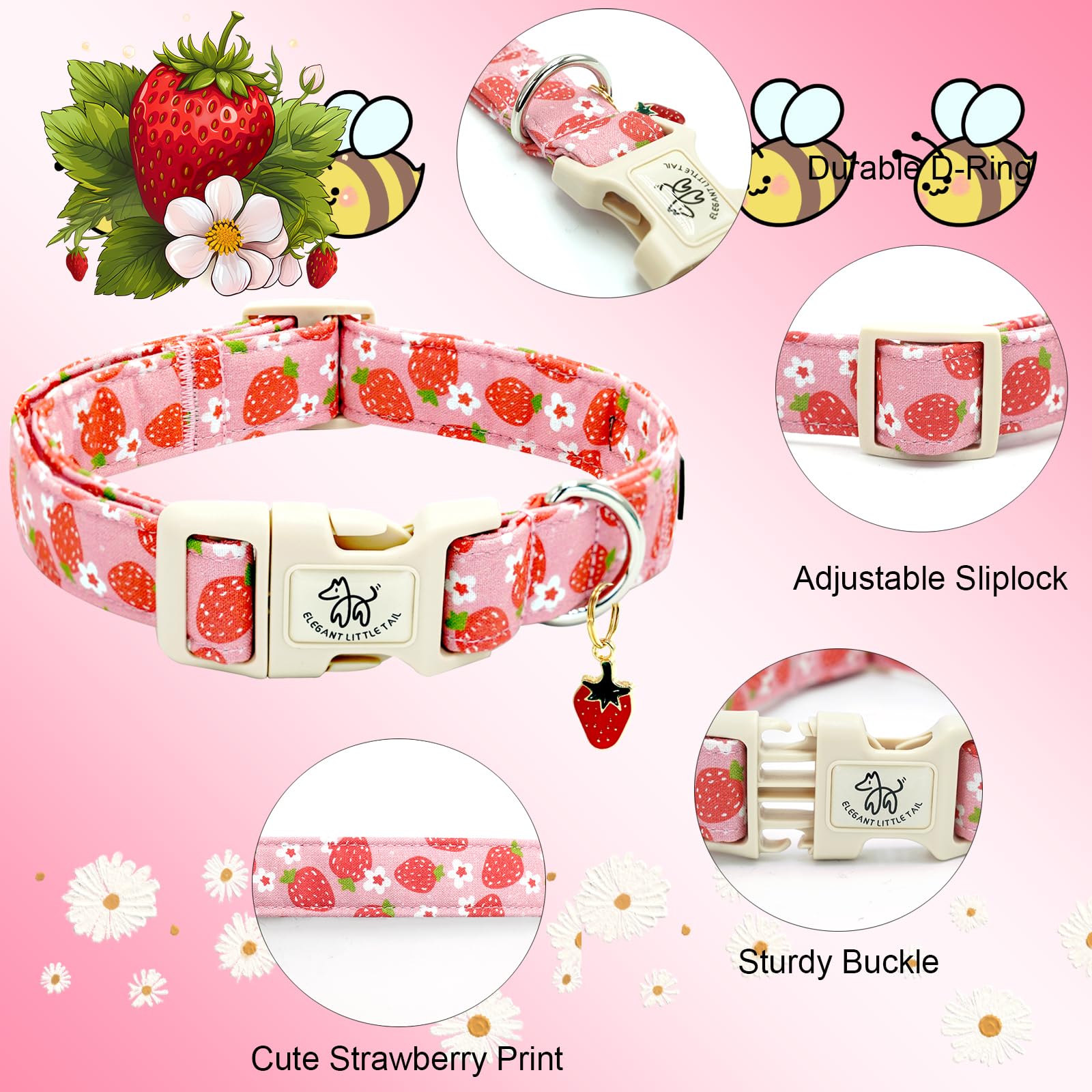 Elegant Little Tail Dog Collar, Strawberry Pattern Pet Collar Pink Durable Spring Female Spring Collar Adjustable Cotton Pet Col