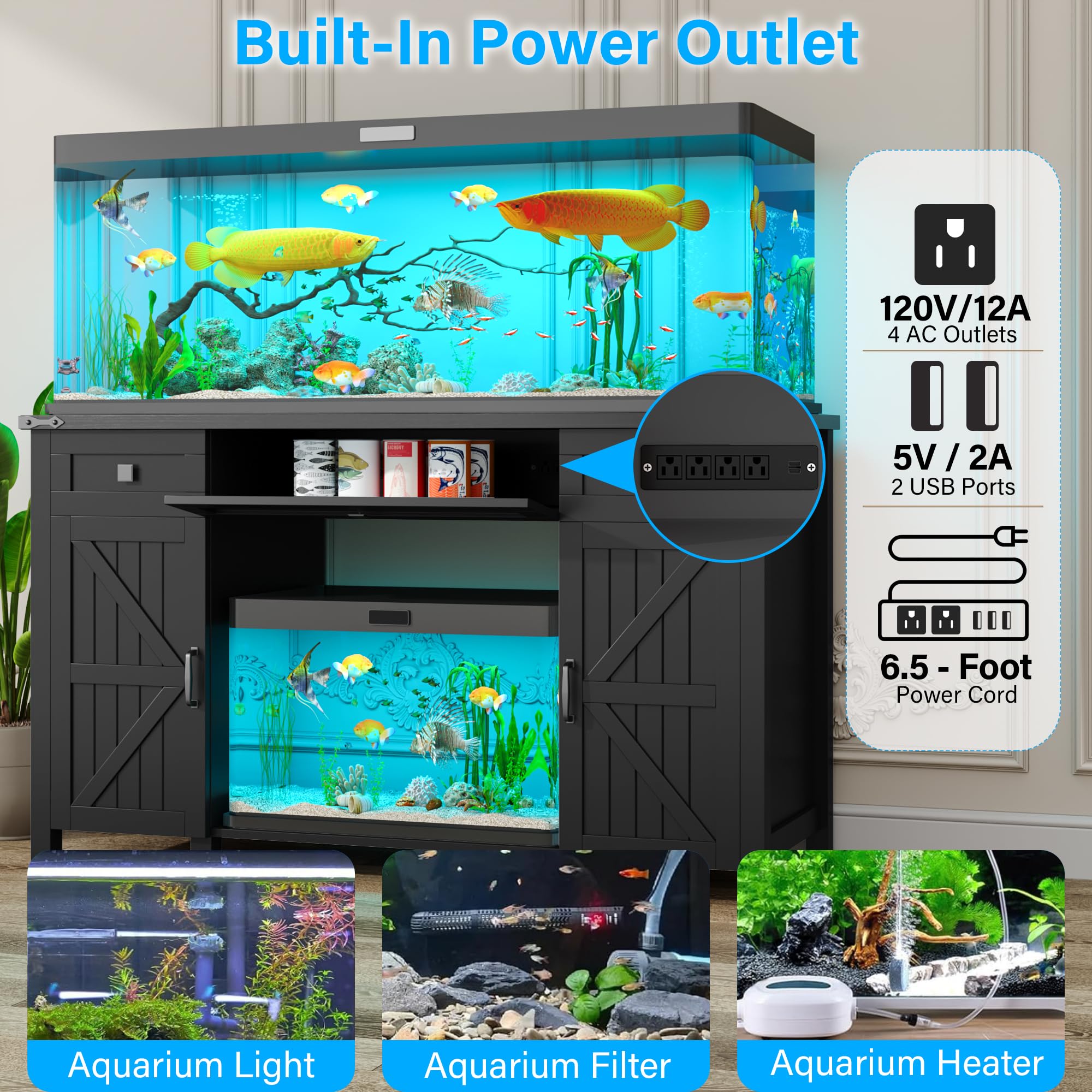 kepptory Aquarium Stand for 55-75 Gallon Tanks, Black, Heavy Duty with Power Outlet & Adjustable Shelves, Model 7889HY9