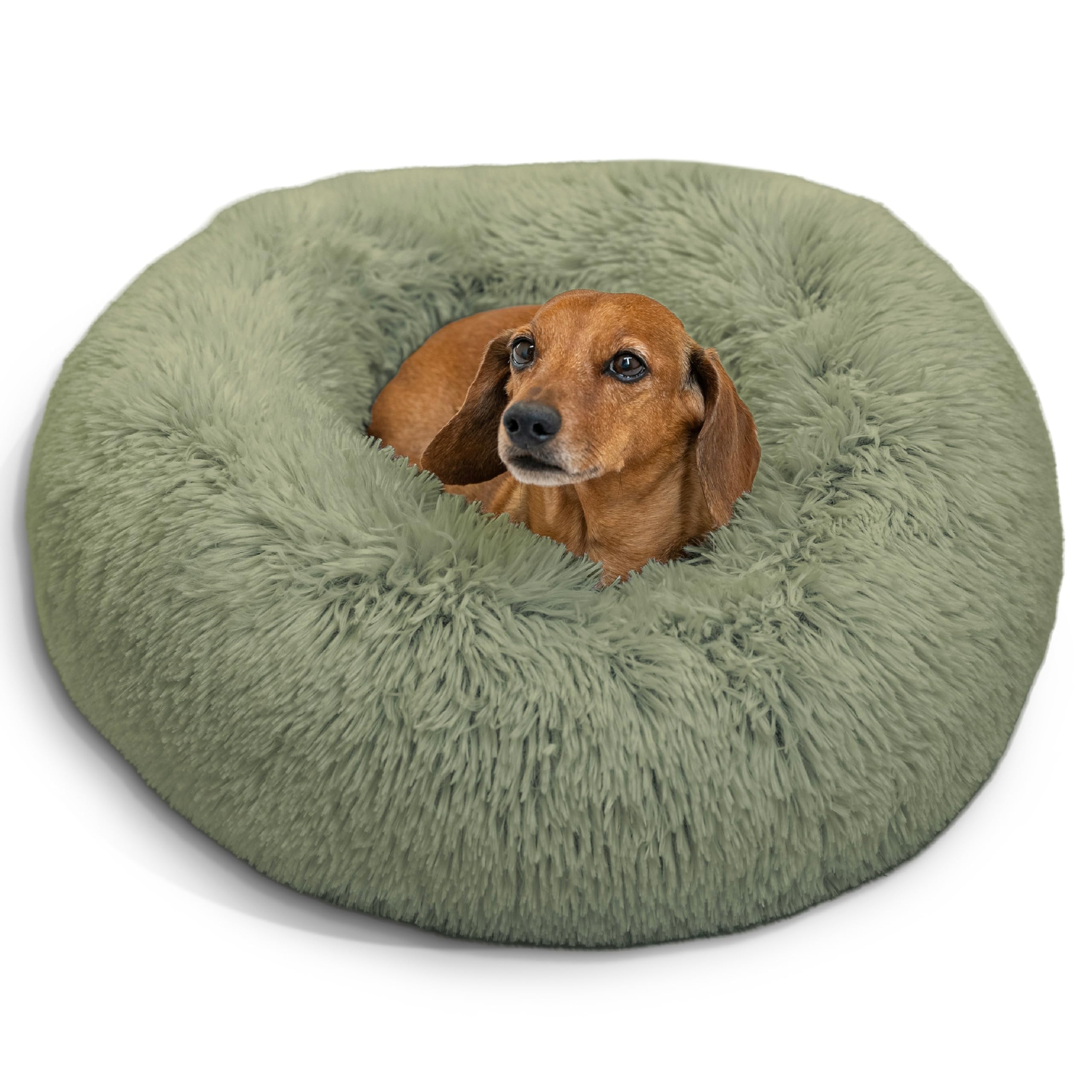 Best Friends By Sheri Original Calming Donut Dog And Cat Bed, Shag Faux Fur, Sage Green, Small (23X23) - Helps Provide Anxiety R