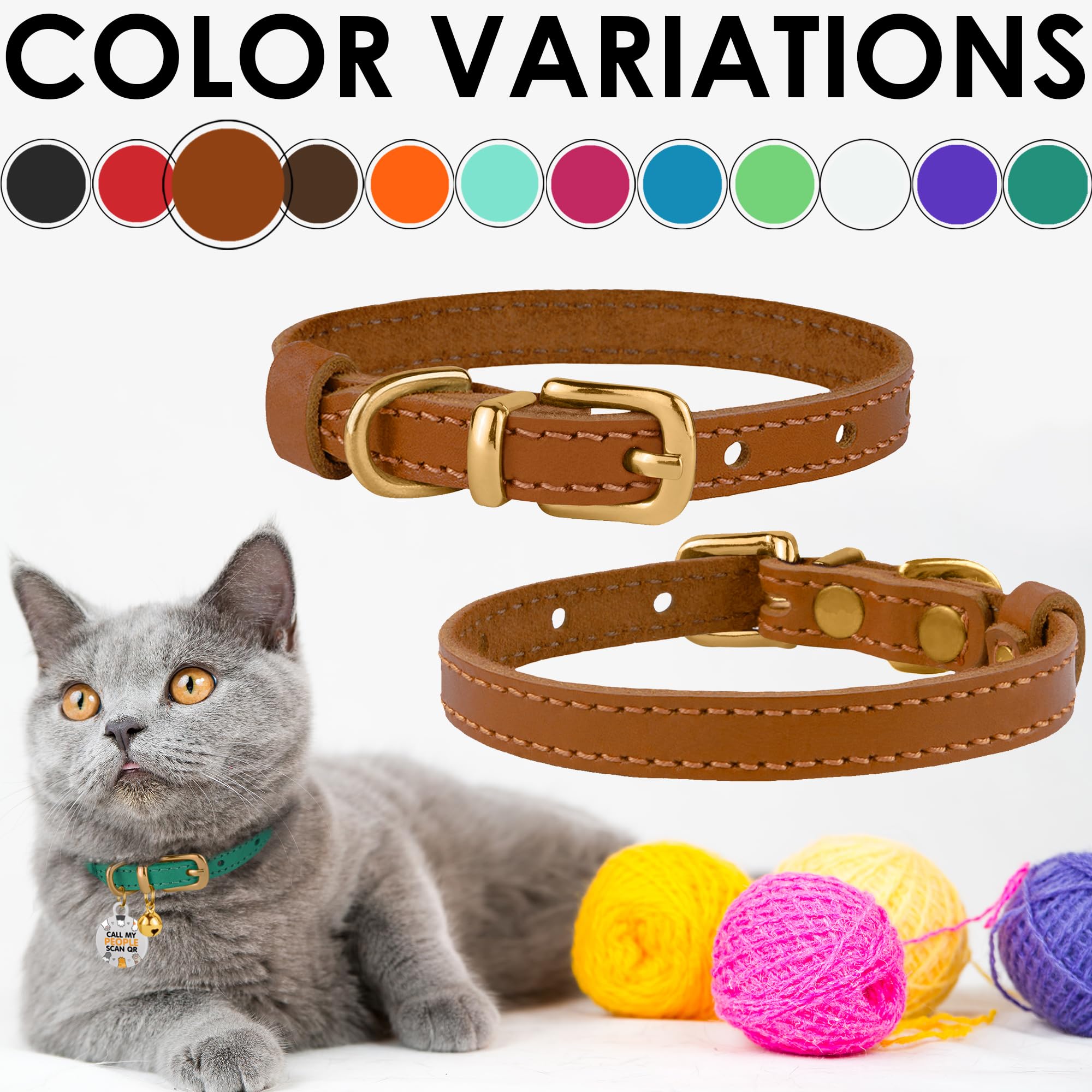 Bronzedog Leather Cat Collar With Bell Non Breakaway Kitten Qr Tag For Girl Boy (7' - 9' For Cats, Light Brown & Gold)