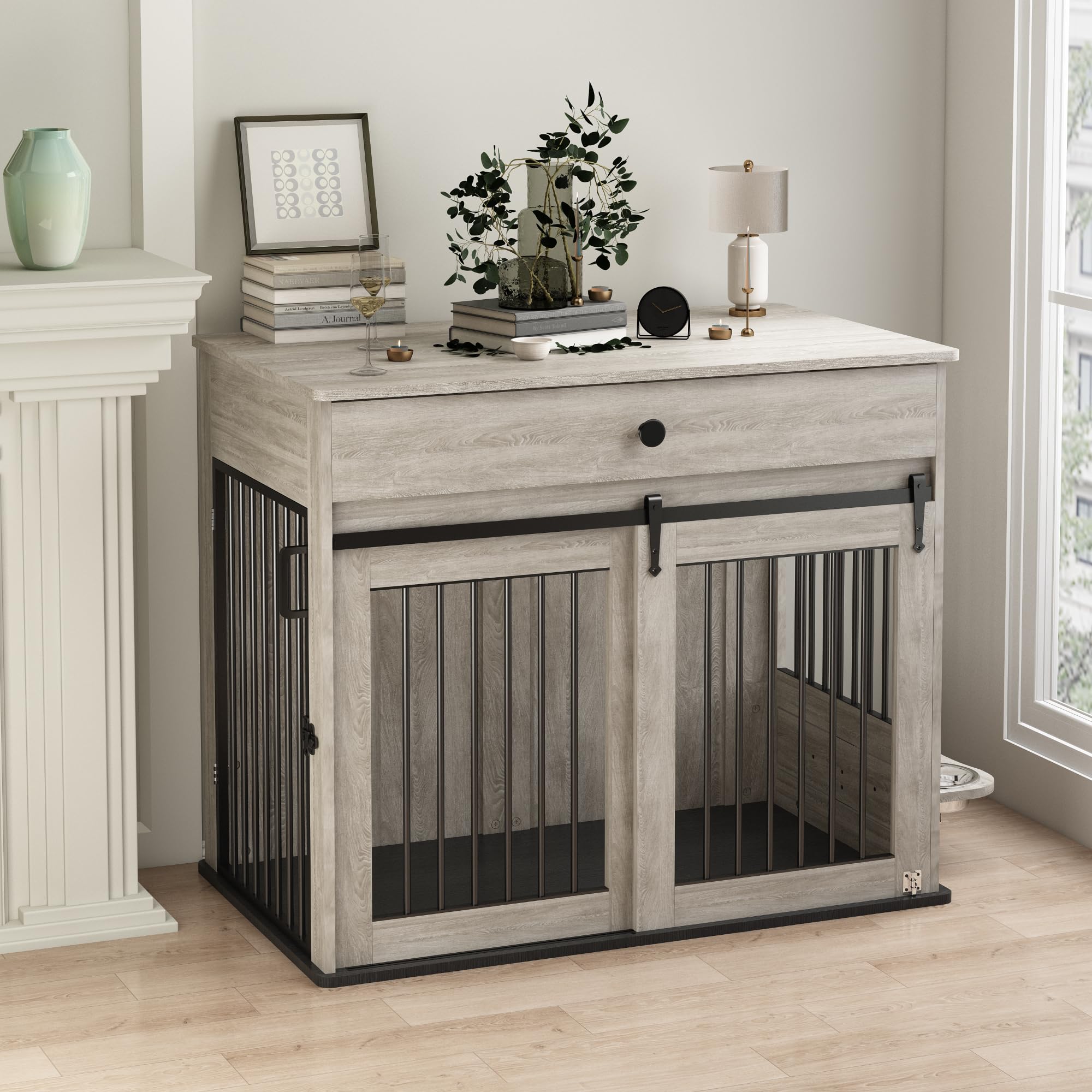 Large Dog Crate Furniture with Sliding Door & 360 Spinning Bowls | Durable Modern End Table for Medium & Large Dogs for Pet Owne