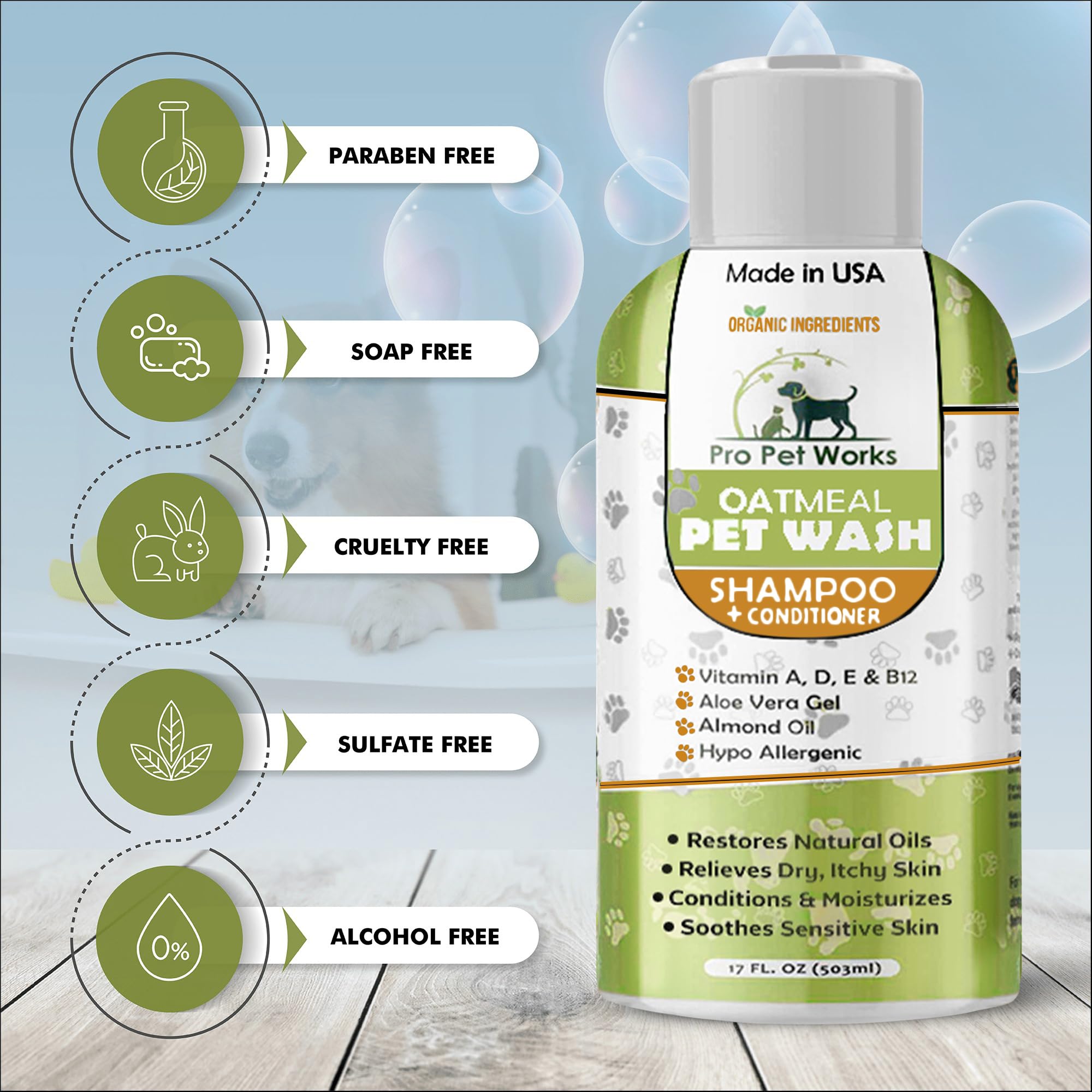 Oatmeal Dog Shampoo & Conditioner 17oz [USA] 5 in 1 Plant-Based Organic Sulfate-Free Soap-Free-Tearless Moisturizer for Dandruff
