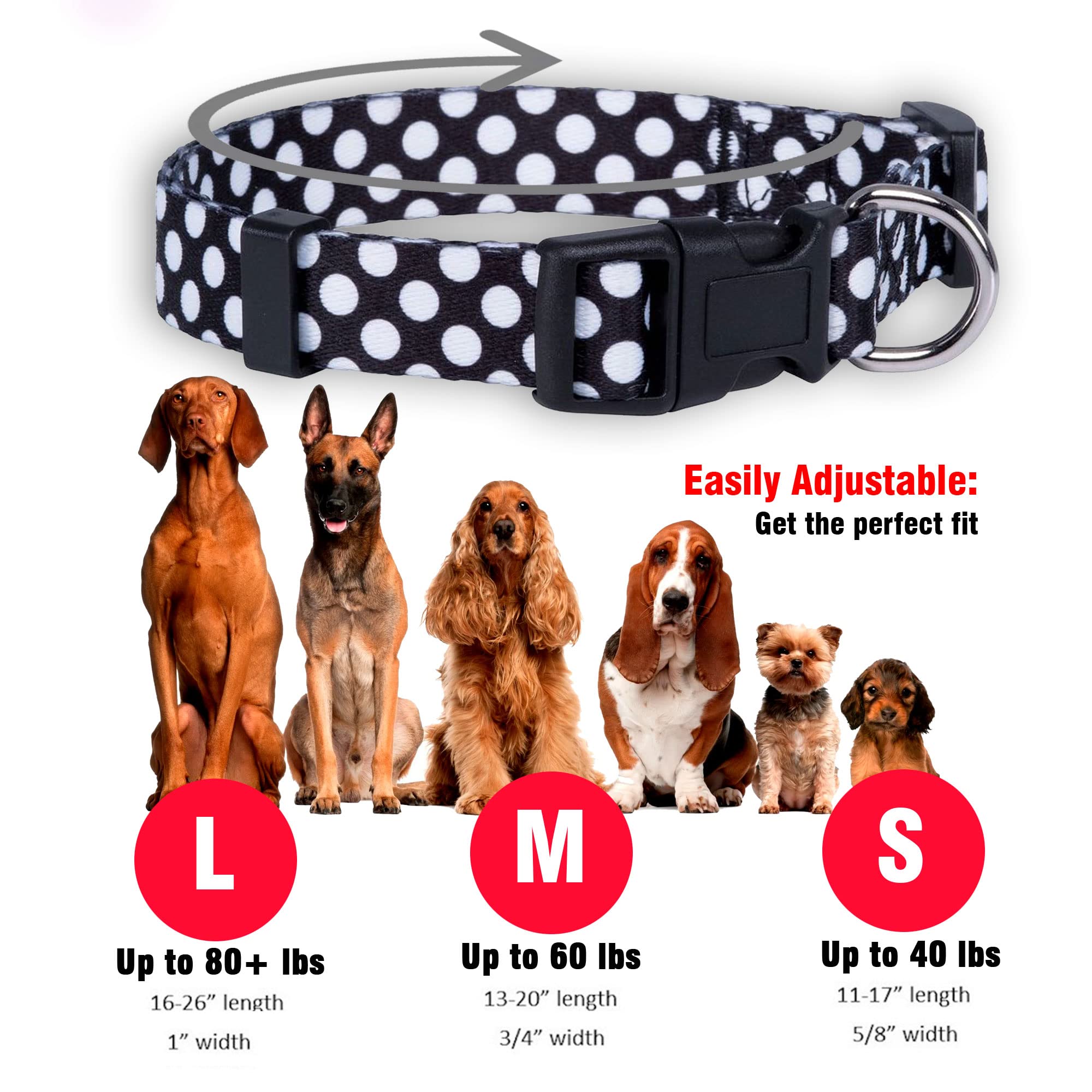 Native Pup Polka Dot Dog Collar, Adjustable For Small, Medium, Large Dogs, Cute Fabric For Boy, Girl (Black, Large)