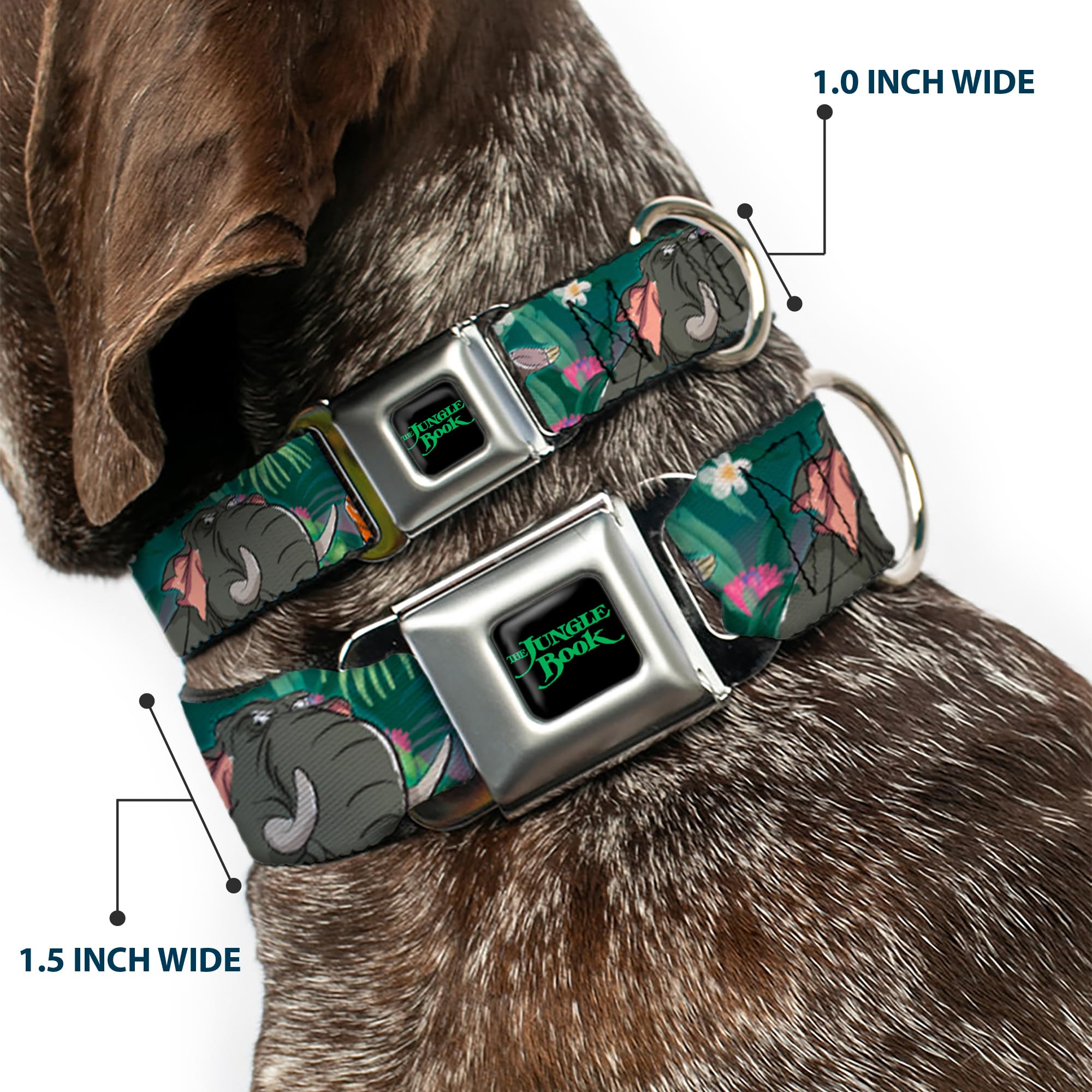 Buckle-Down Dog Collar Seatbelt Buckle The Jungle Book 8 Character Group Greens, Multicolor, 1.5'' Wide - Fits 18-32'' Neck - La