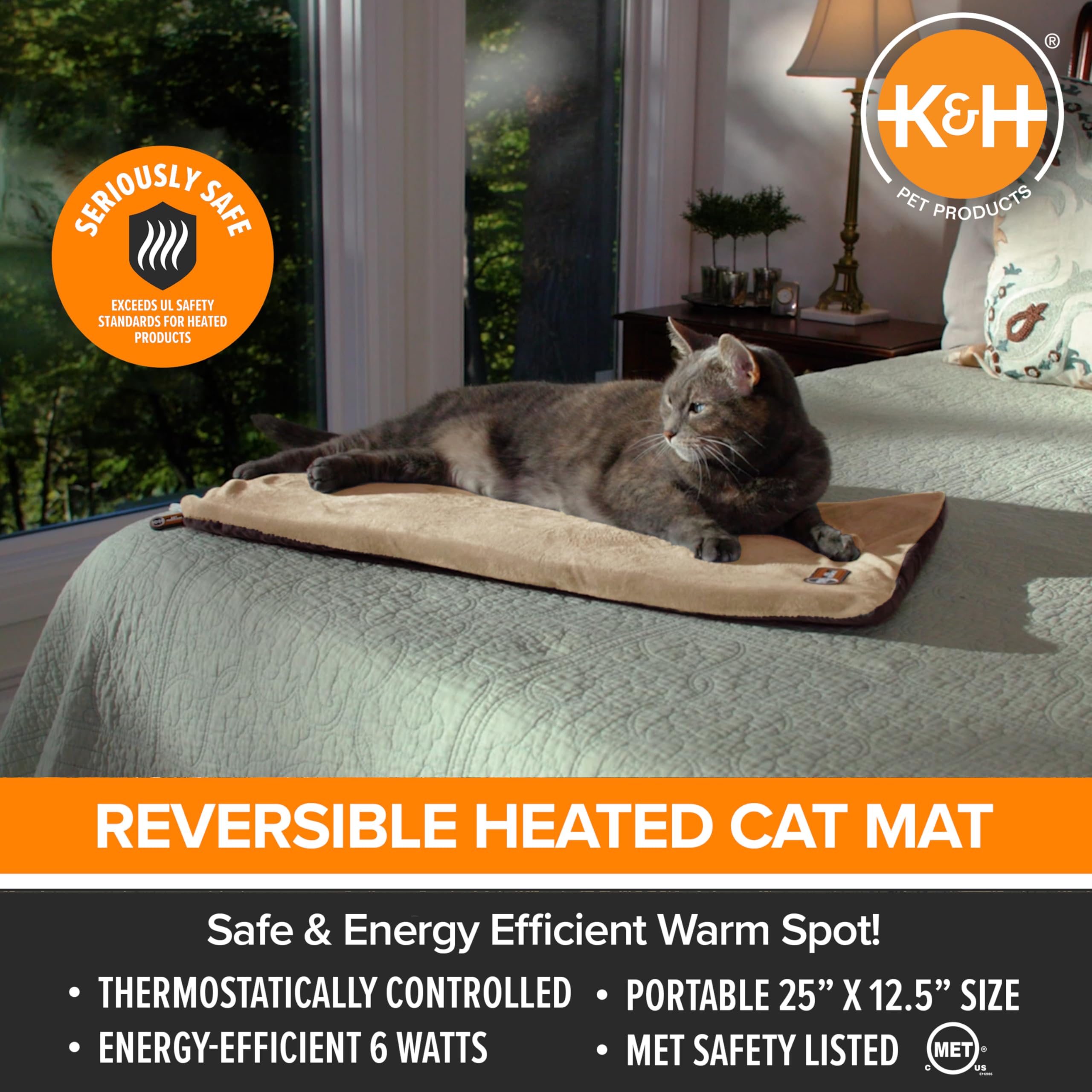 K&H Pet Products Heated Cat Bed Pad For Indoor Cats, Thermo-Kitty Mat Calming Warm Pet Heating Pad For Inside Pets, Machine Washable, Waterproof Heater, Safety Listed - 12.5 X 25In Mocha/Tan
