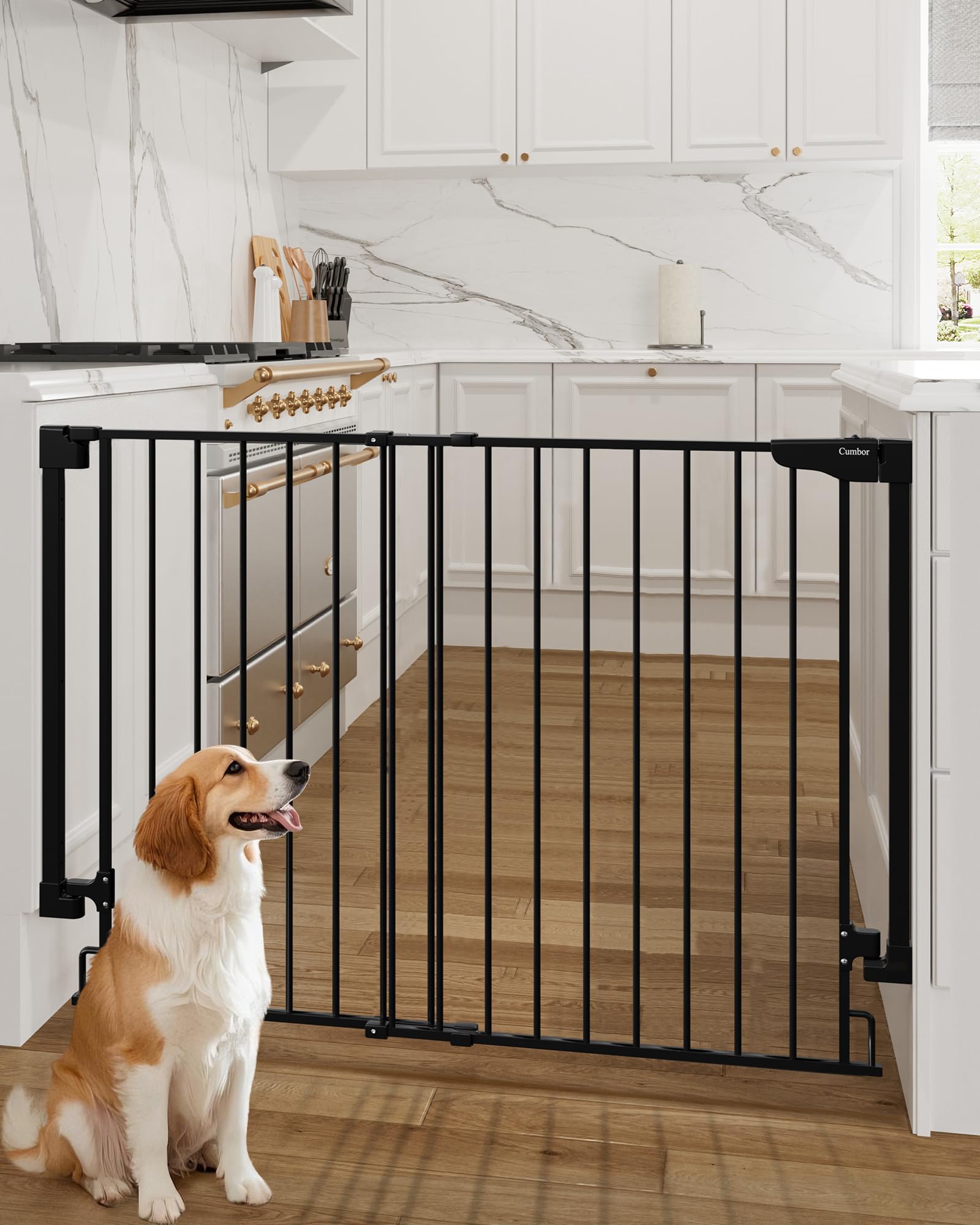 Cumbor 34 Extra Tall No Bottom Bar Baby Gate for Stairs, Wall Mounted Dog Gate Indoor for Larger Pets, Expandable 31.6-48 Safety