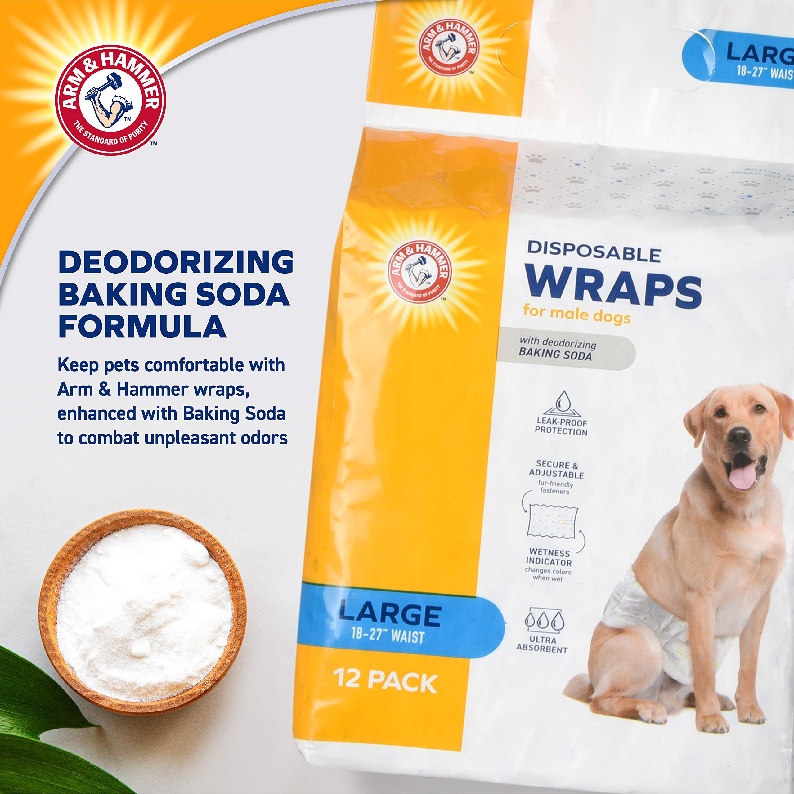 Arm & Hammer for Pets Male Dog Wraps, Size Large, 24 Count UltraAbsorbent, Adjustable Male Dog Diapers with Leakproof Protection