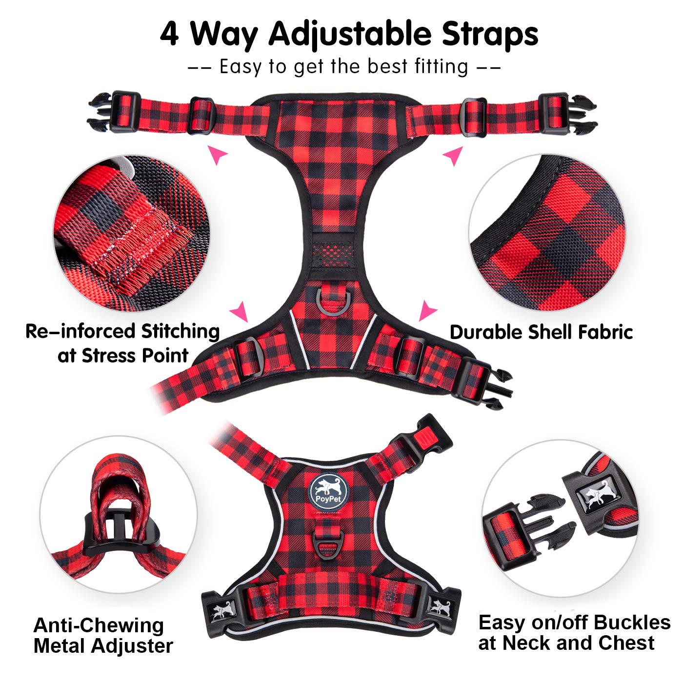 Poypet No Pull Dog Harness, [Release At Neck] Reflective Adjustable No Choke Pet Vest With Front & Back 2 Leash Attachments, Sof