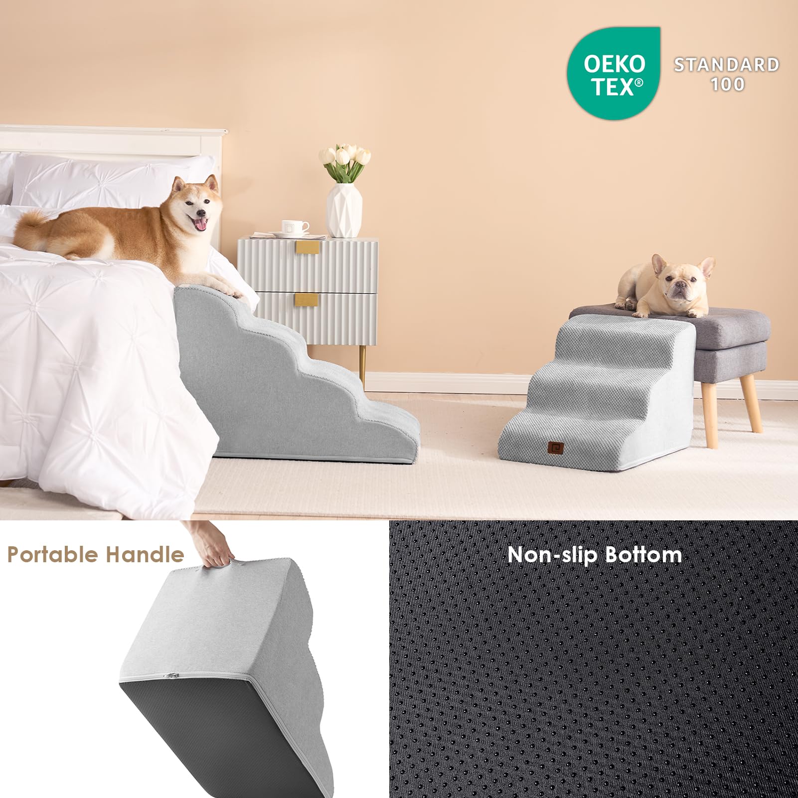 Eheyciga Curved Dog Stairs Ramp For Small Dogs 15.7' H, 3-Step Dog Steps For Couch Sofa And Chair, Pet Stairs For Cats, Non-Slip Balanced Pet Steps Indoor, Light Grey