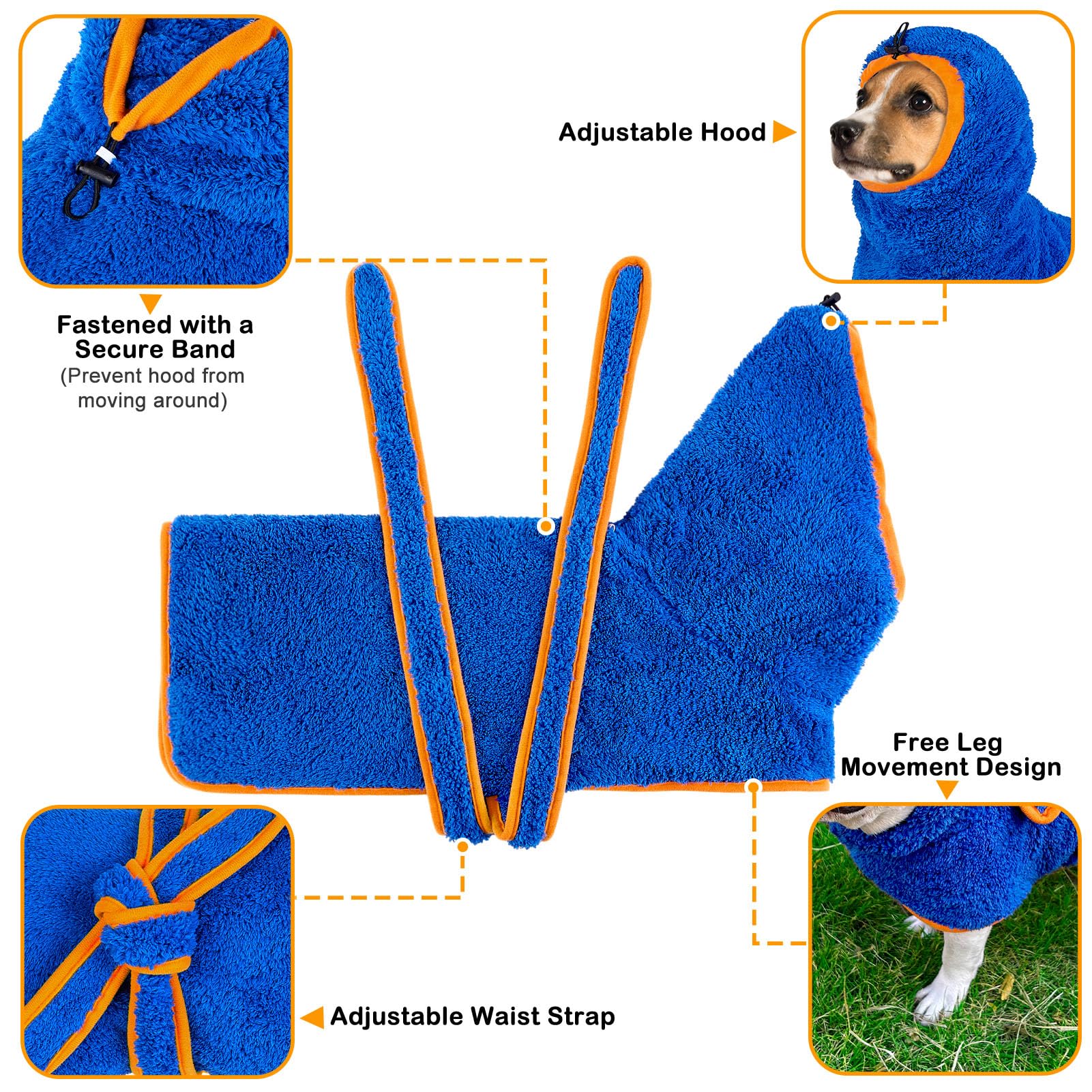 Bienbee Soft Dog Bathrobe,Super Absorbent & Quick-Drying Dog Robe With Hood, Cozy Drying Coat For After Bath, Blue Xl