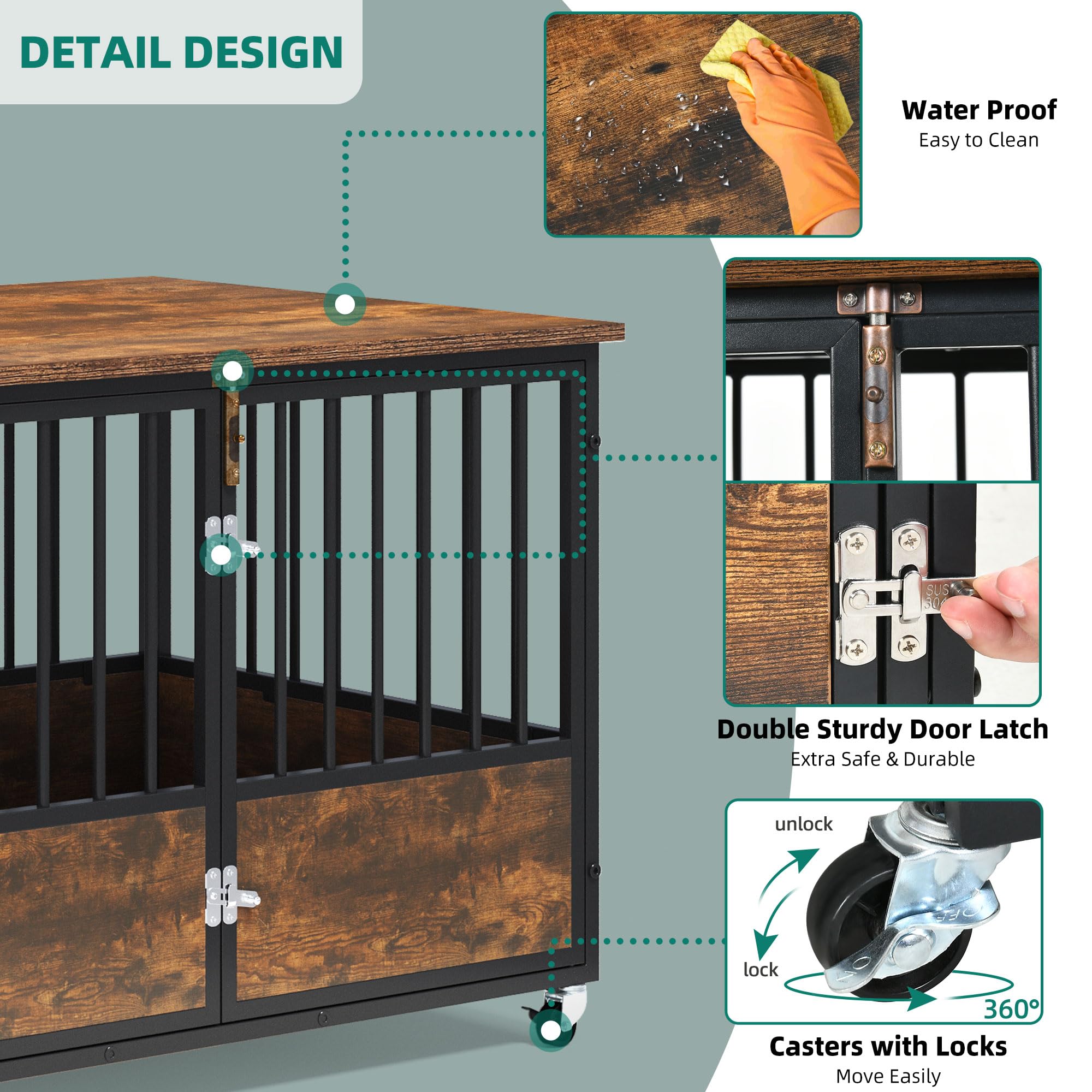 YITAHOME 43 Dog Crate Furniture with Wheels, Wooden Side End Table, Double-Doors Dog Kennel Indoor for Small/Medium/Large Dogs,