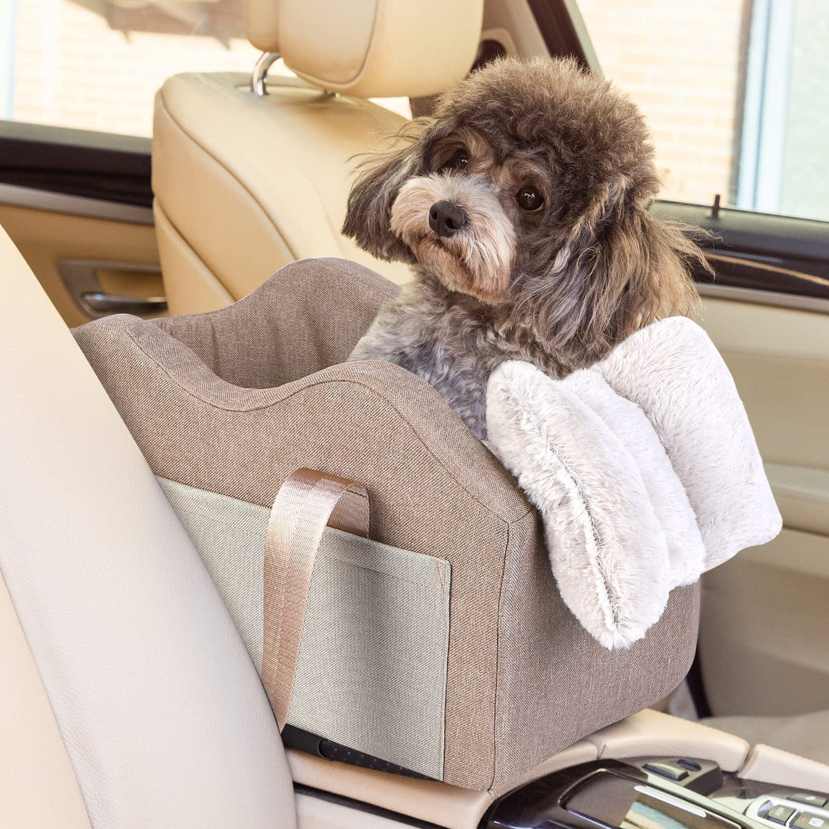 Dog Car Seat For Small Dog Center Console Seat Pet Booster Seat For Car Puppy Car Seat For Small Dogs(Champagne+Khaki)