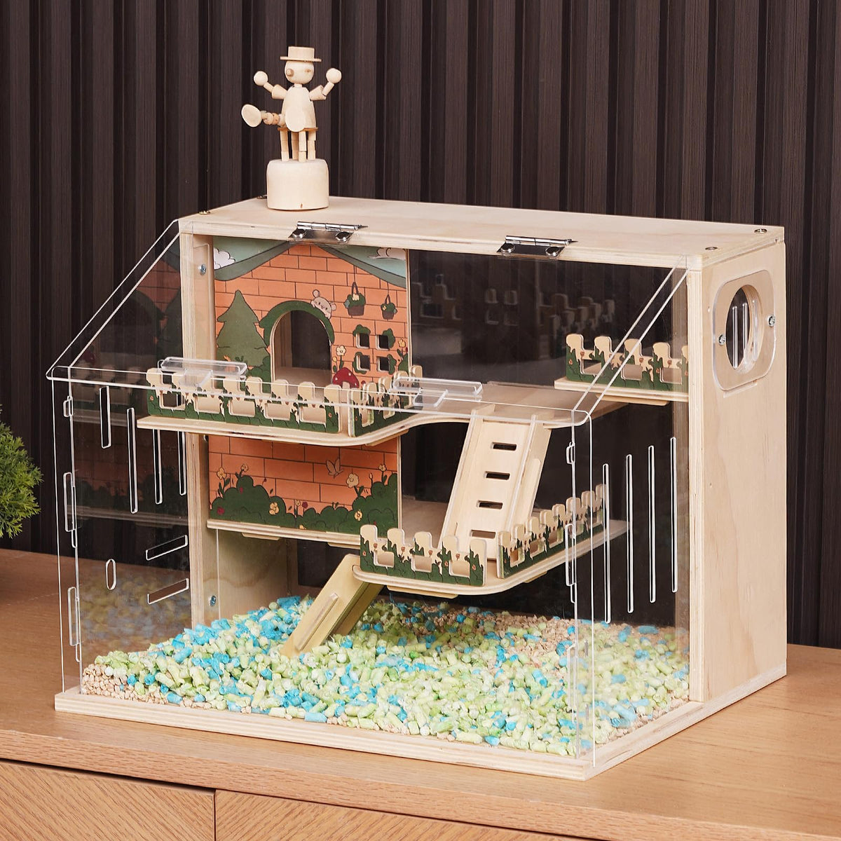 Ecocen Wooden Hamster Cage, 15.8'' 3-Layer Acrylic Dwarf Hamster Cages,Top Open Small Animal Cages With Stairs, Fences, Pastoral