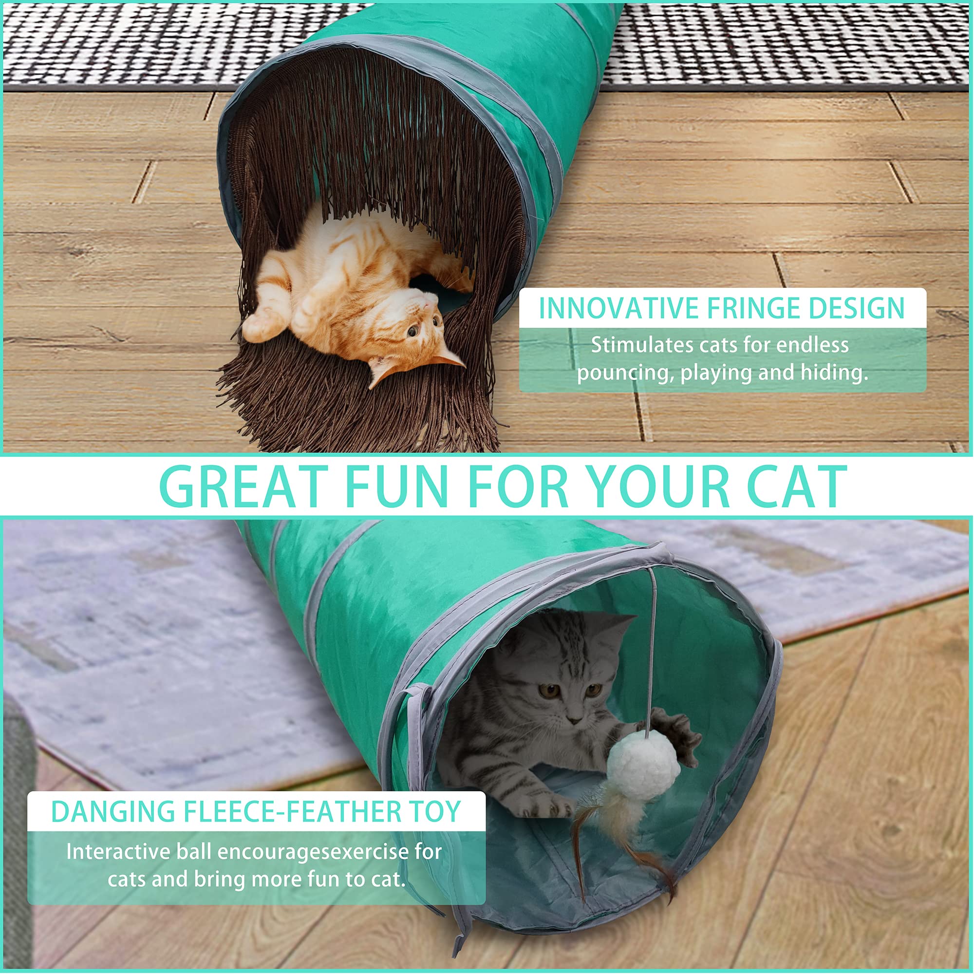 Petest Cat Tunnel For Indoor Cat Collapsible Cat Play Tube With Play Ball And Fringe, Interactive Pet Crinkle Tunnel For Kittens, Rabbits, Ferrets, Puppy, Length 47 Inch, Diameter 9.7 Inch