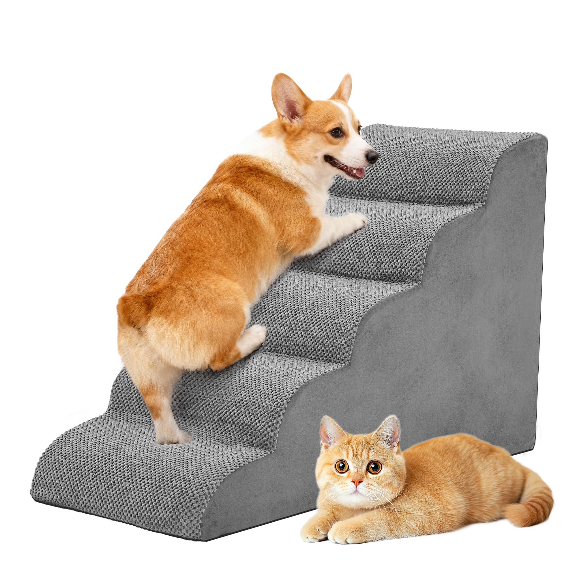 DUMOS Dog Stairs Ramp for Small Dogs and Cats, 5-Step Curved Pet Dog Steps with High-Density Foam for Puppy and Older Cats, Indo