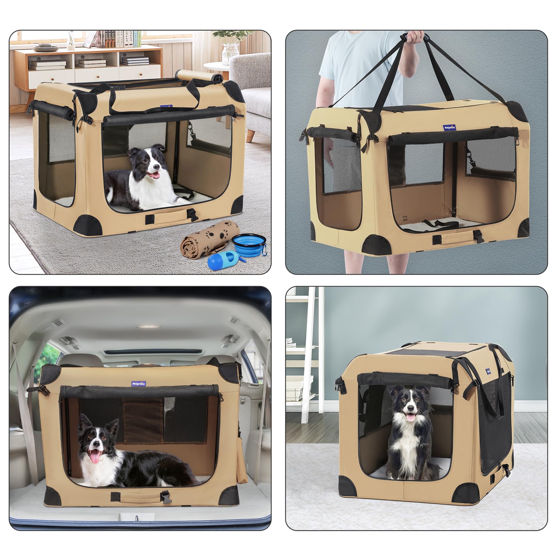 Petprsco Portable Dog Crate - Collapsible 32"x23"x23" for Medium/Large Dogs, Beige, Includes Soft Blanket, Bowl & Poop Bag Dispenser