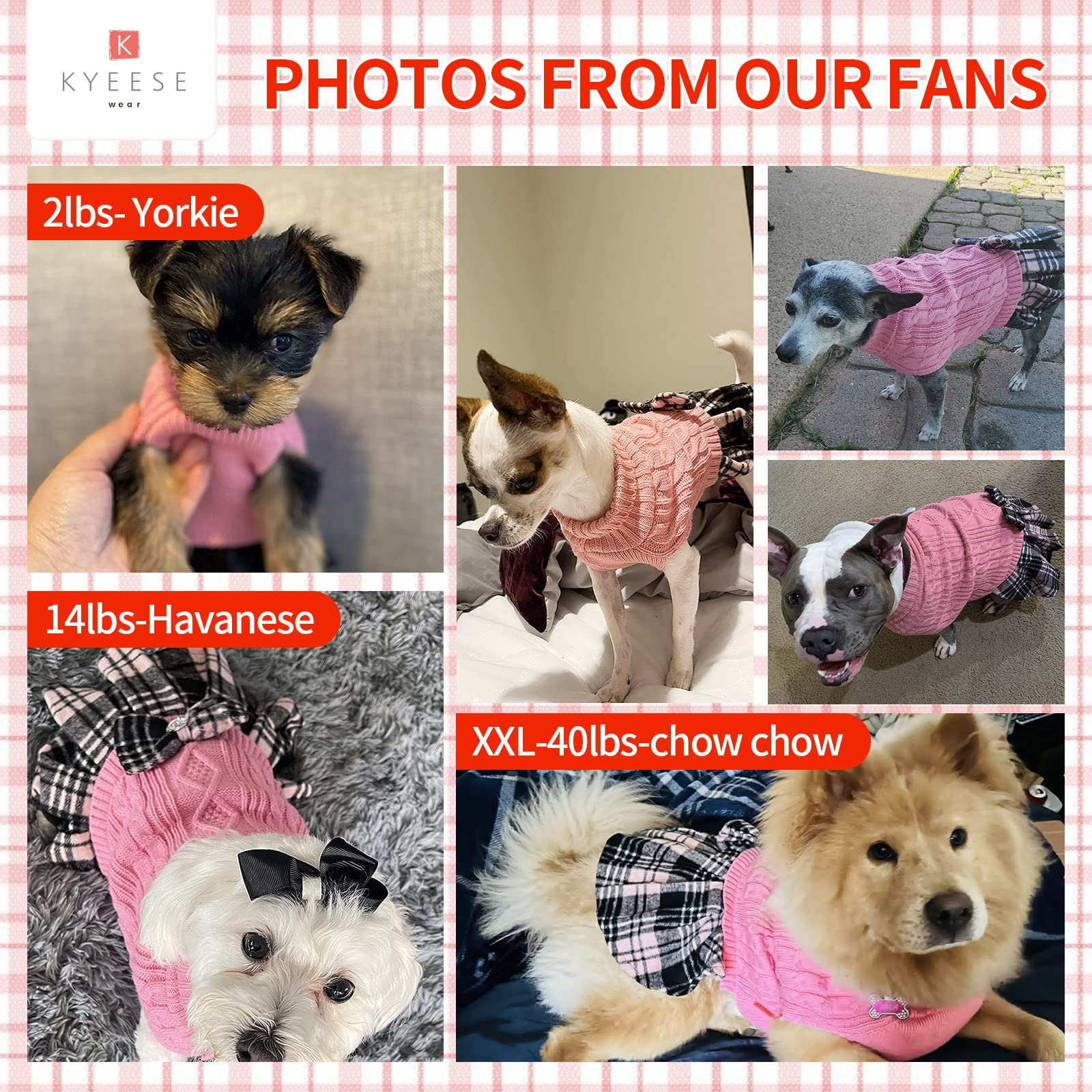 Kyeese Dog Sweater Dress With Leash Hole For Small Medium Dogs With Bowtie Checkered Turtleneck Dog Sweaters Warm Pet Sweater Pink