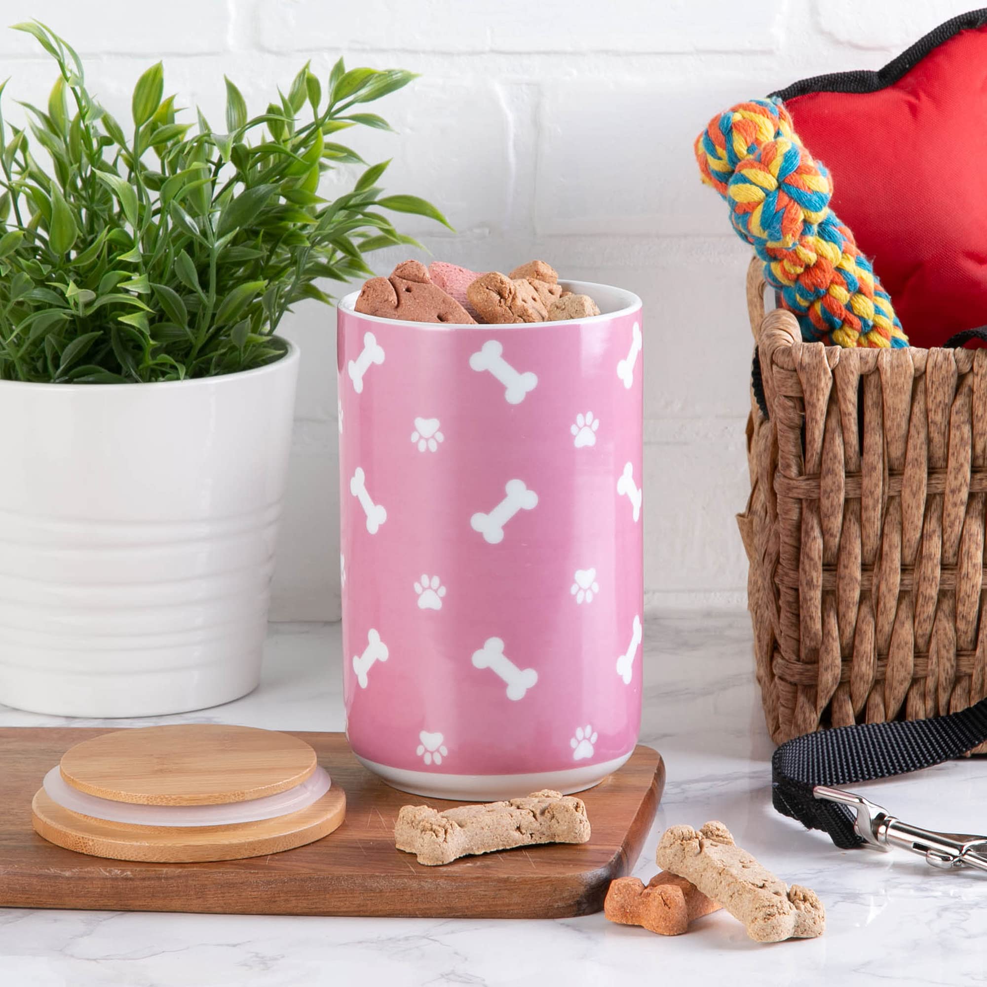 Bone Dry Ceramic Canister for Pet Treats Bamboo Twist to Close Lid, Dishwasher Safe, Keep Dog & Cat Food Safe and Dry, Treat Jar