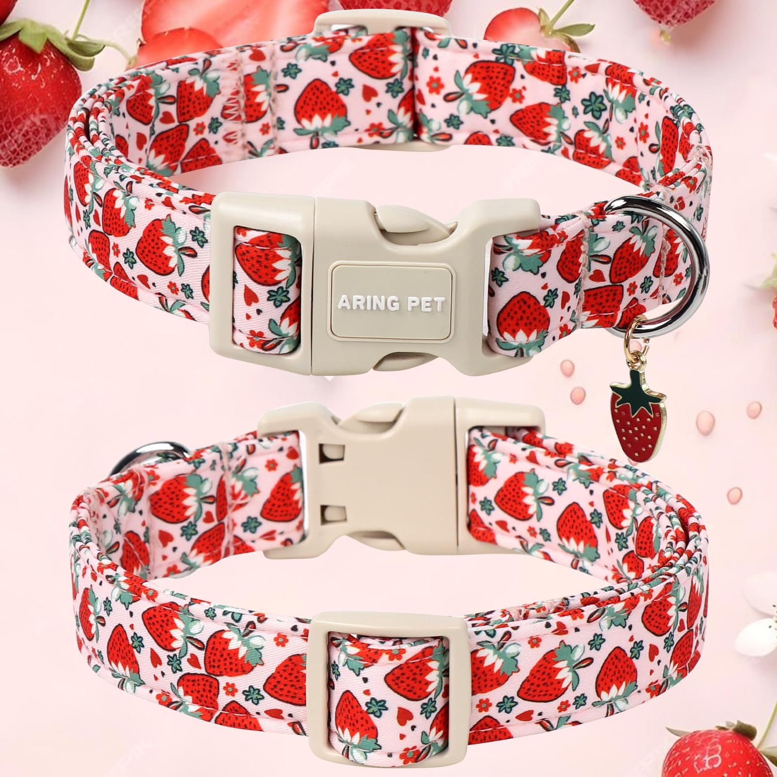 Aring Pet Strawberry Dog Collar-Cute Spring Pink Dog Collars, Adjustable Strawberry Print Pet Collars Puppy Collar With Quick Re
