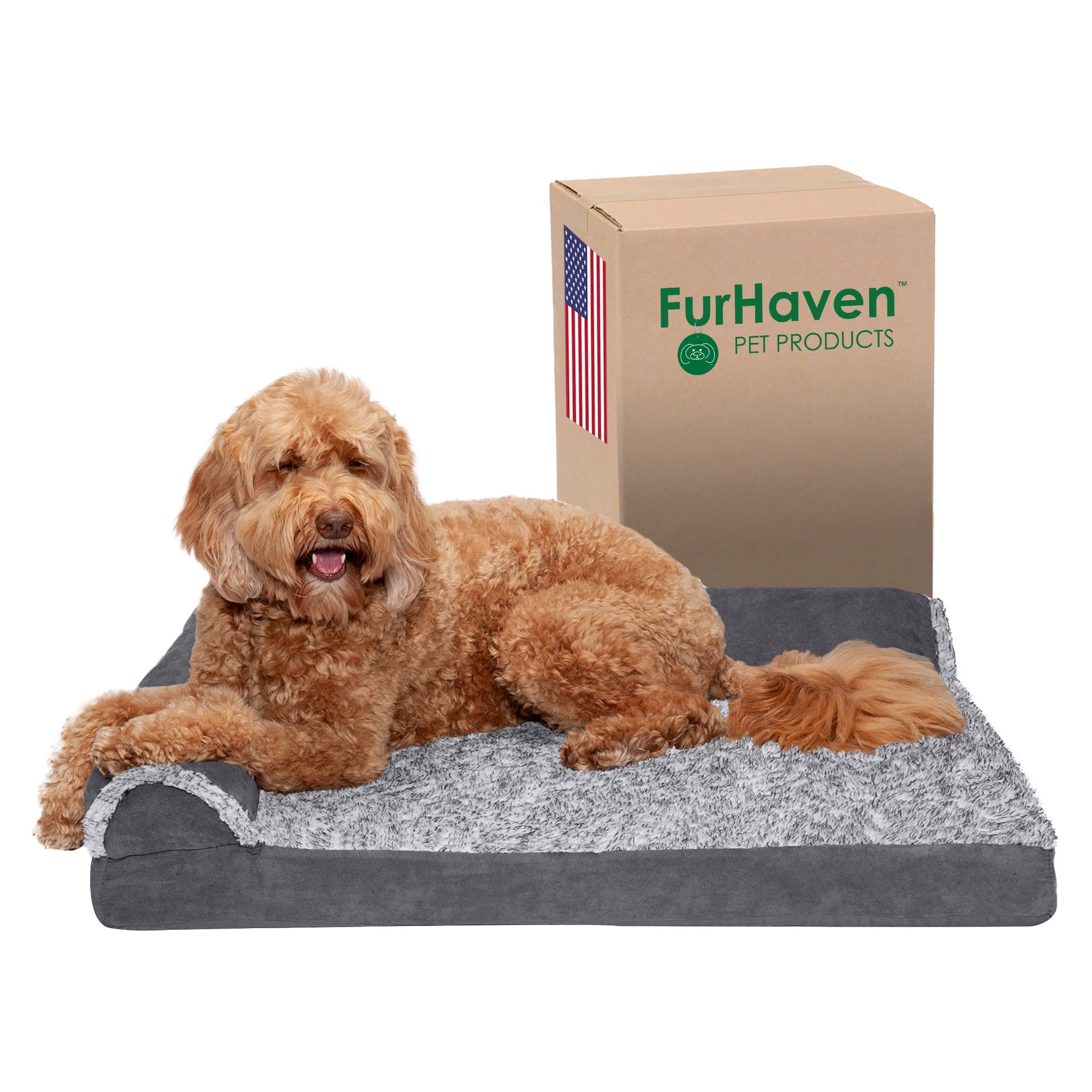 Furhaven Orthopedic Dog Bed For Large/Medium Dogs W/ Removable Bolsters & Washable Cover, For Dogs Up To 55 Lbs - Two-Tone Plush Faux Fur & Suede L Shaped Chaise - Stone Gray, Large
