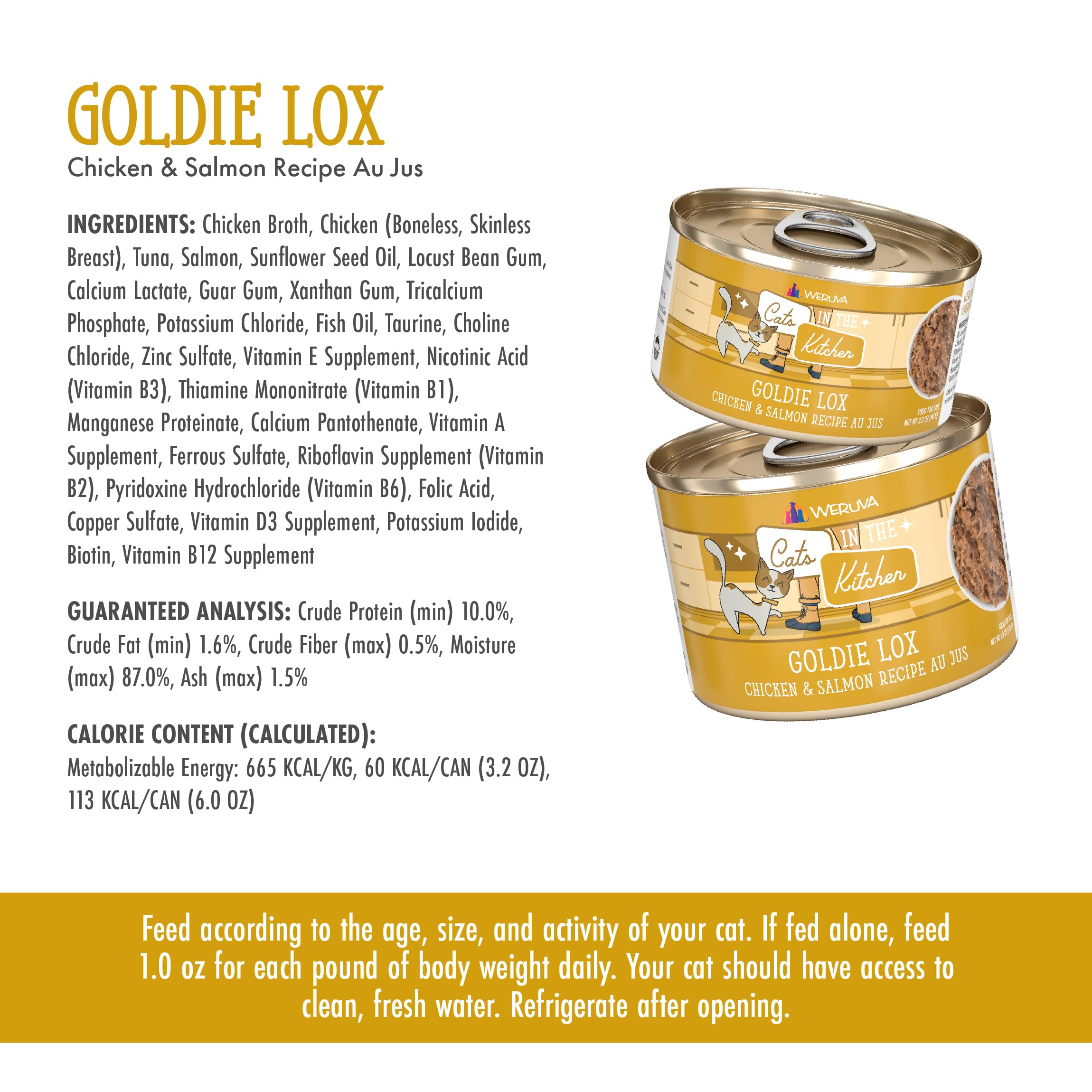 Weruva Cats in The Kitchen, Goldie Lox with Chicken & Salmon Au Jus Cat Food, 3.2oz Can (Pack of 24)