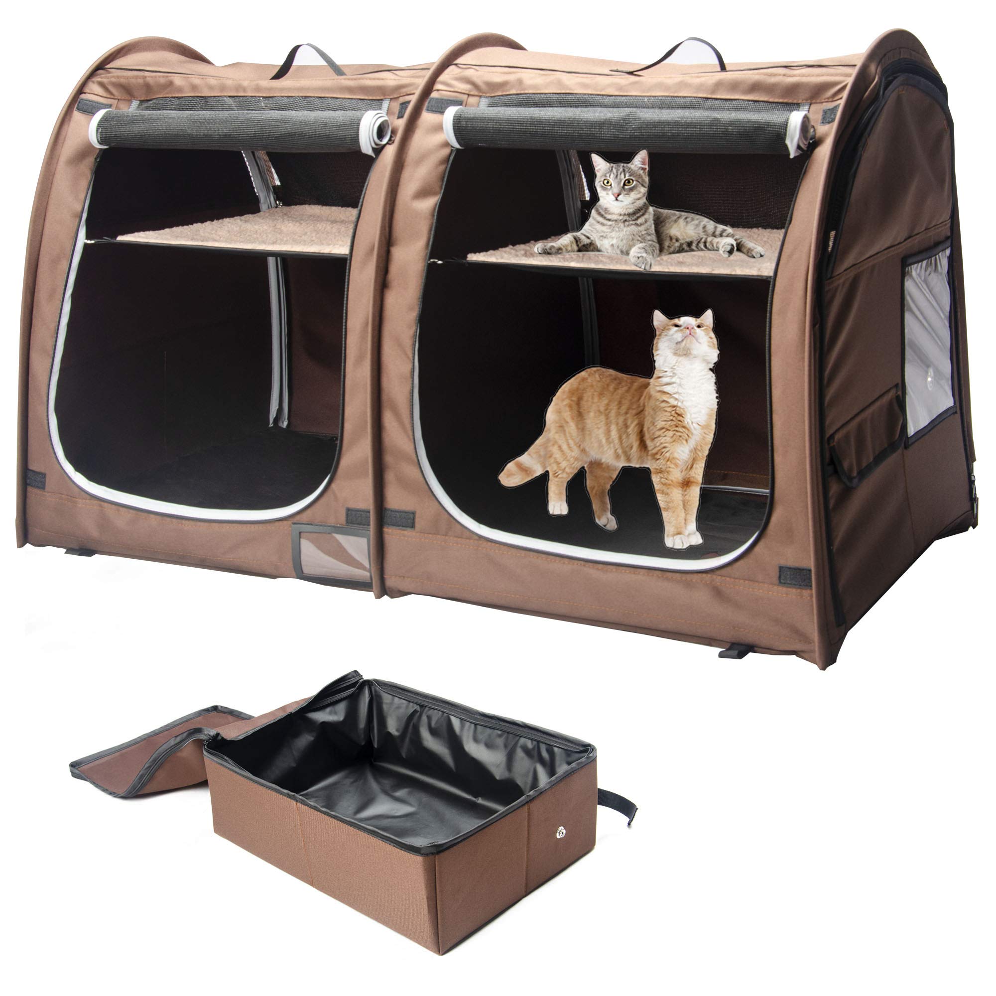 Mispace Portable Twin Compartment Show House Cat Cage/Condo - Easy To Fold & Carry Kennel - Comfy Puppy Home & Dog Travel Crate With Portable Carry Bag/Two Hammocks/Mats And Collapsible Litter Box