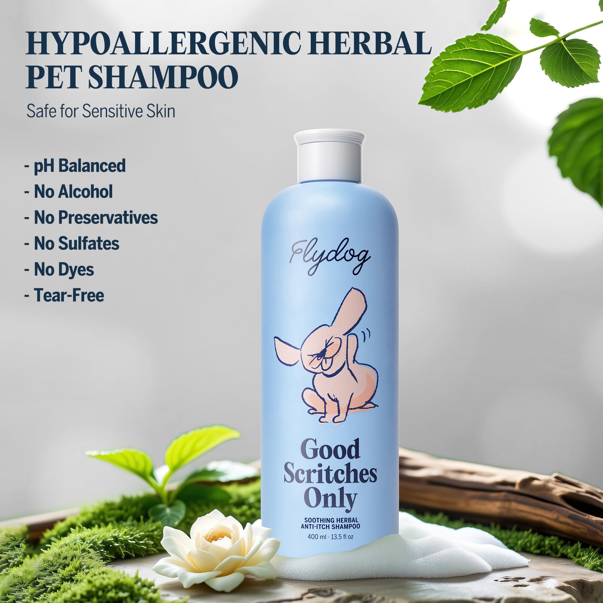 Flydog Dog Shampoo for Itchy Skin Relief - Herbal, Hypoallergenic, Deodorizing, 16 oz, Blue