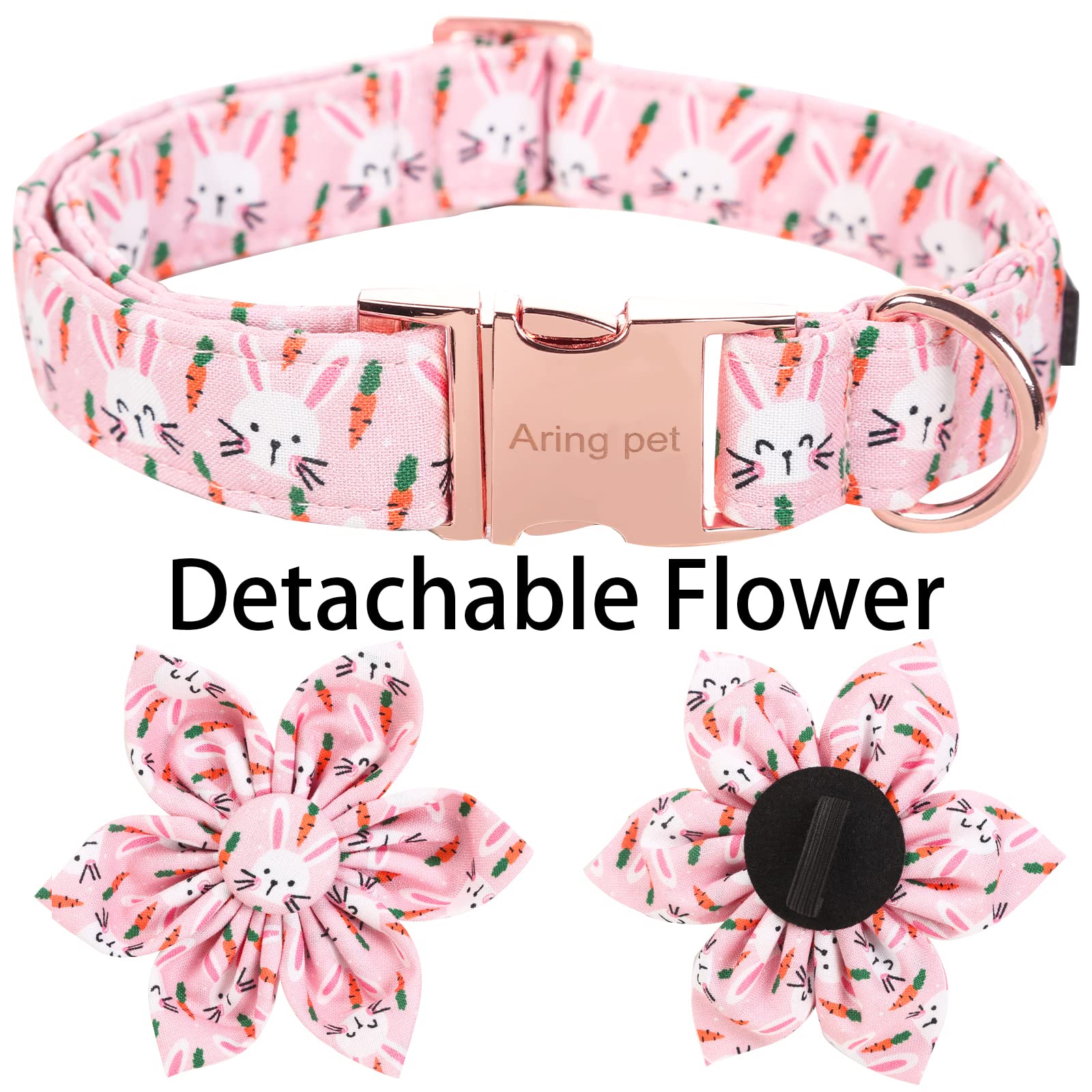 Aring Pet Easter Dog Collar-Cute Rabbit Dog Collar With Flower, Cotton Adjustable Carrots Dog Collars With Metal Buckle For Small Medium Large Dogs