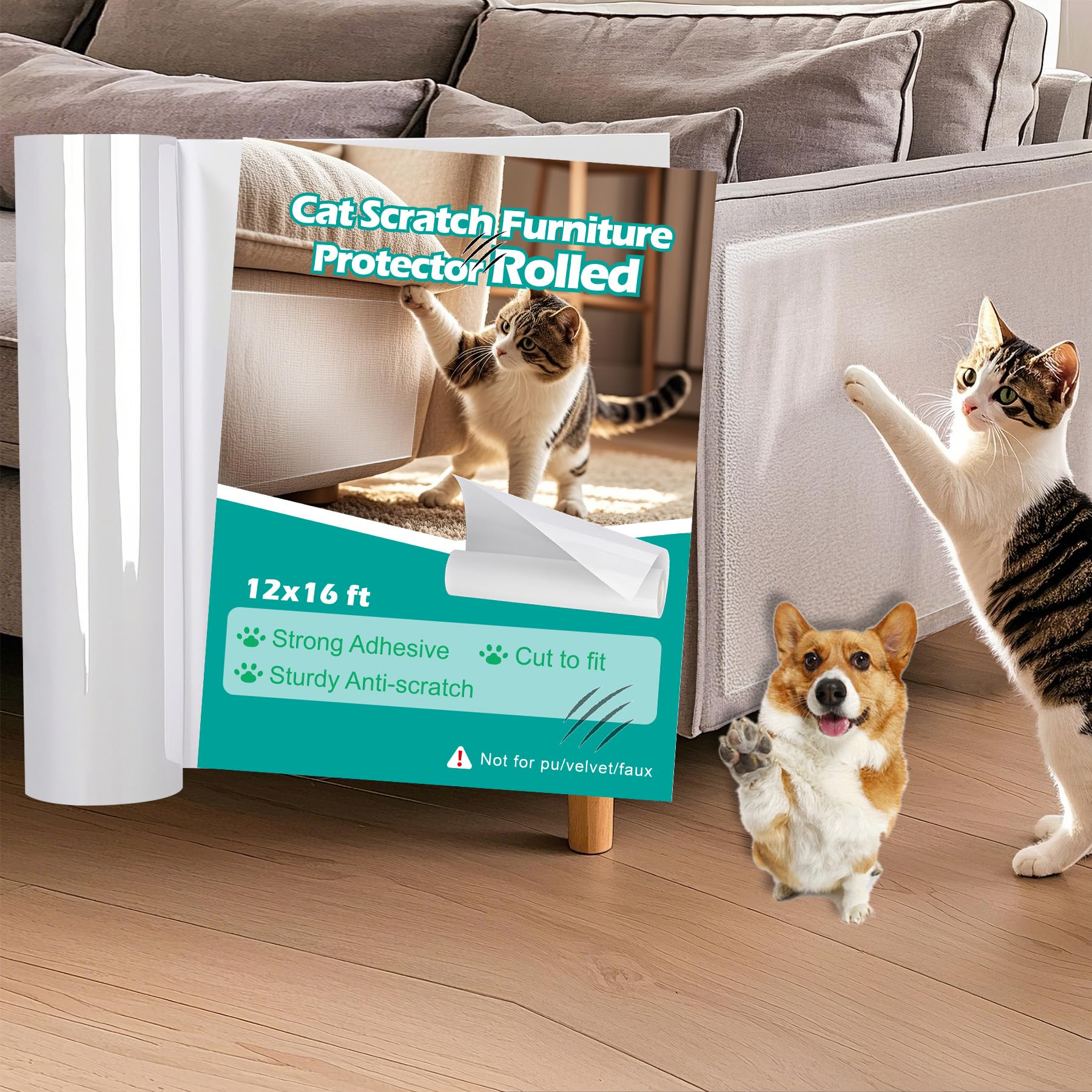 Wawiny Cat Scratch Protector Rolled(12' X16Ft/30X500Cm) - Clear Self-Adhesive Furniture Tape, No Residue Removable Couch Guard 