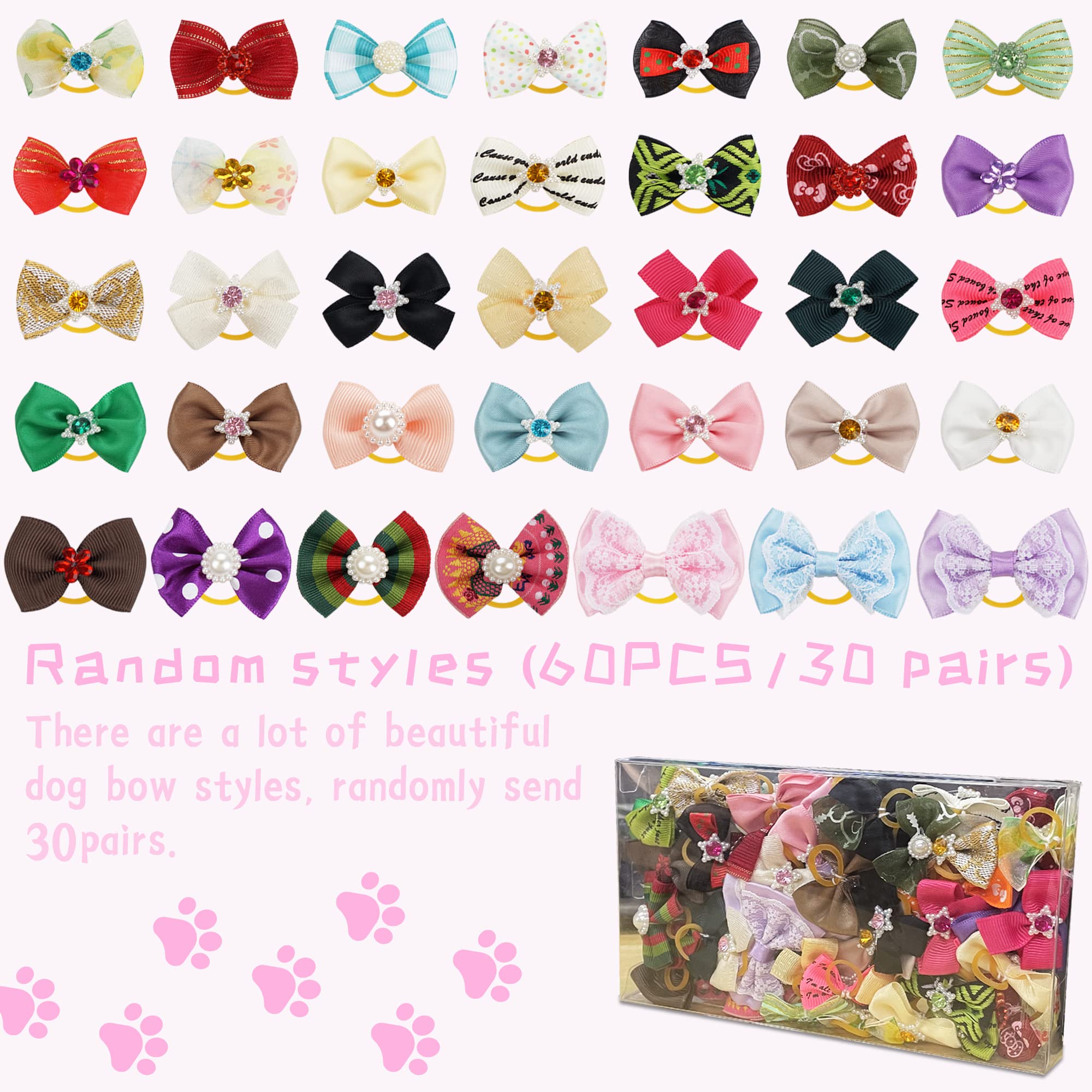 Yxiang 60Pcs Small Dog Bows, Cute Mixed Styles Rhinestone Pearls Handmade Bows For Small Size Dog Girl, Yorkie Puppy Pet Groomin