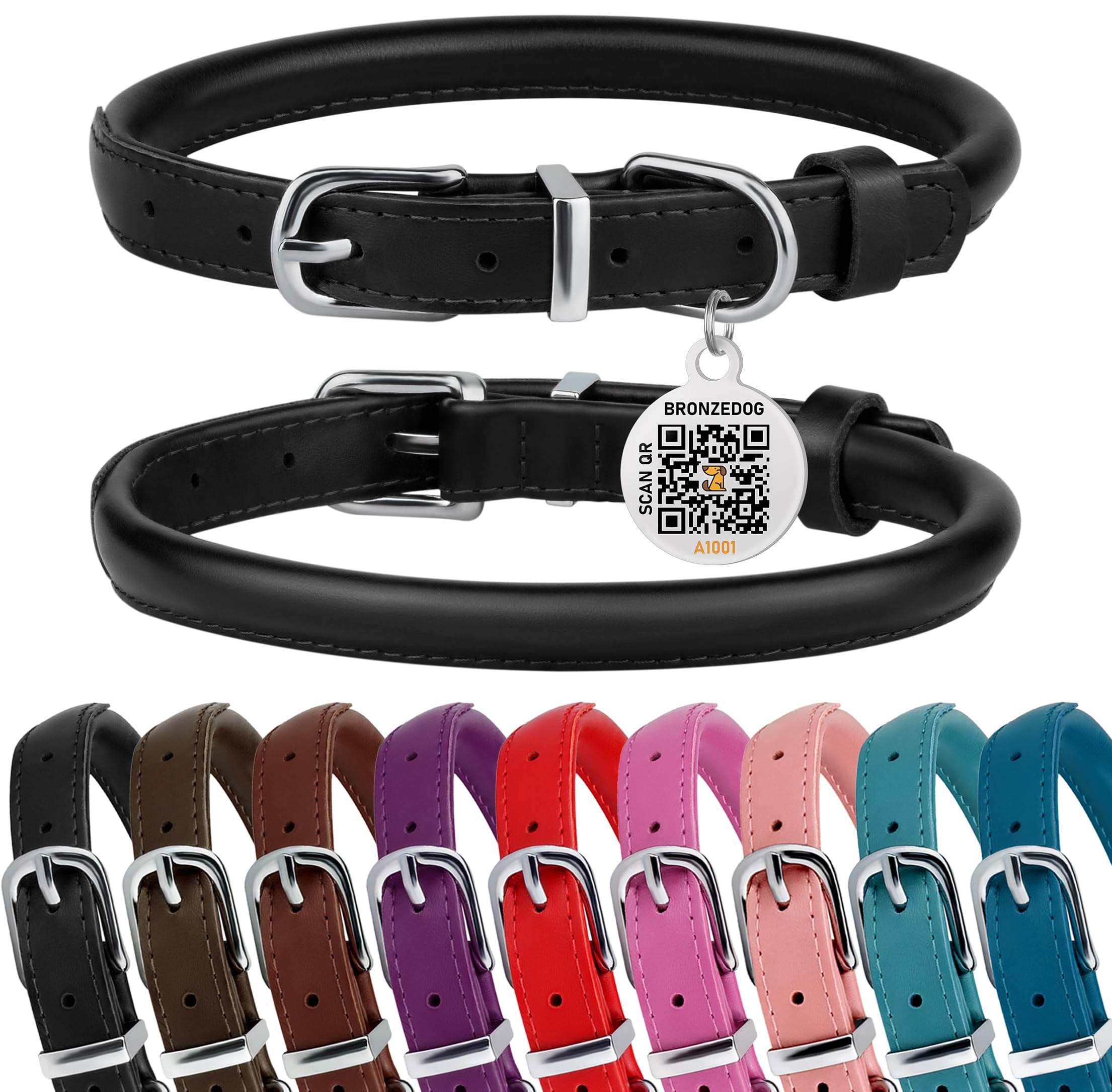 Bronzedog Rolled Leather Dog Collar For Small Medium Large Dogs With Qr Id Tag (Xs: 9-11 Inch, Glossy Black)
