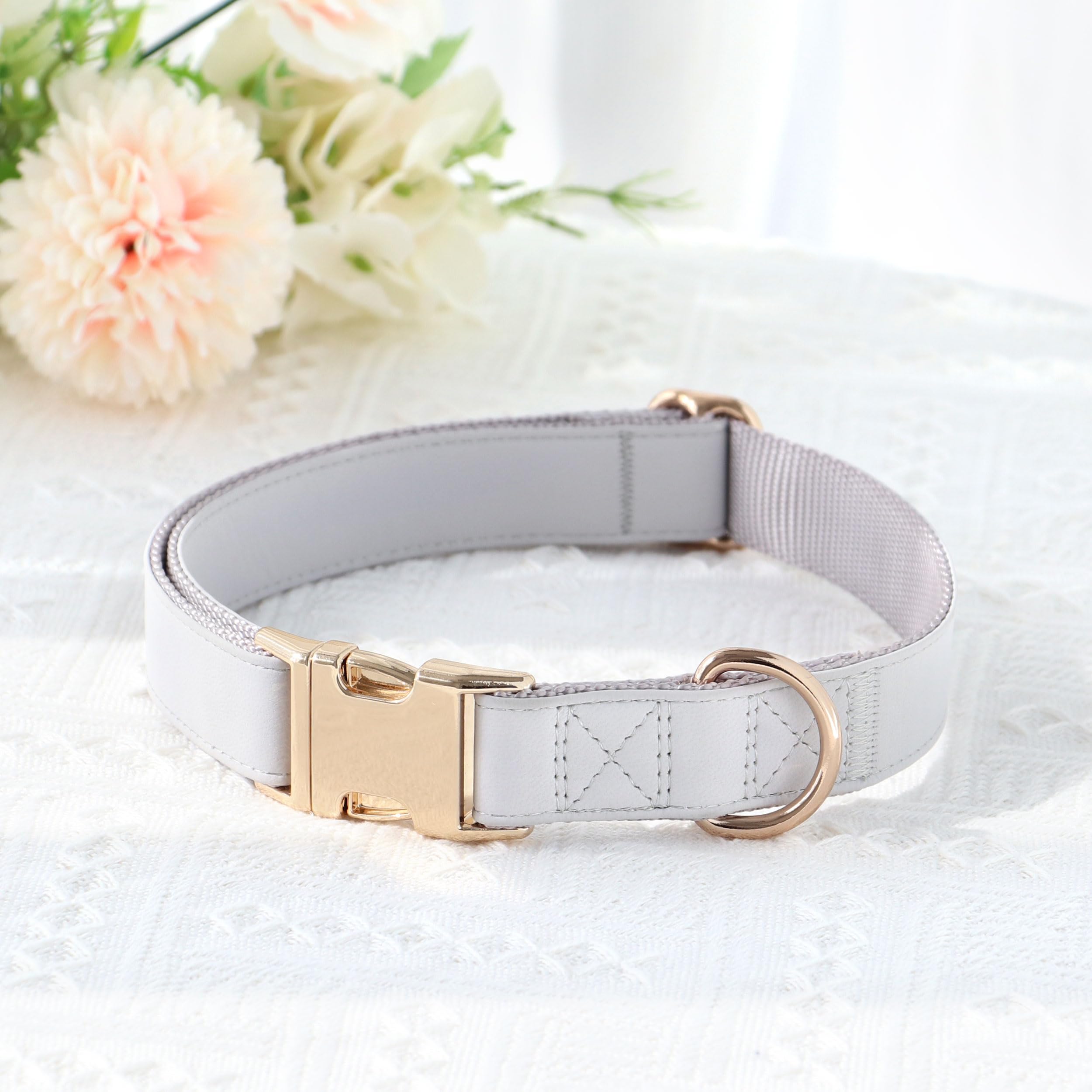 Pet Artist Charming Nylon Dog Collar With Leather Soft Comfy Elegant Nylon Collars For Dogs Small Medium Large 4 Bright Solid Color For Choosing Blue Red Brown Grey (Grey,Neck Fit 9-14'')