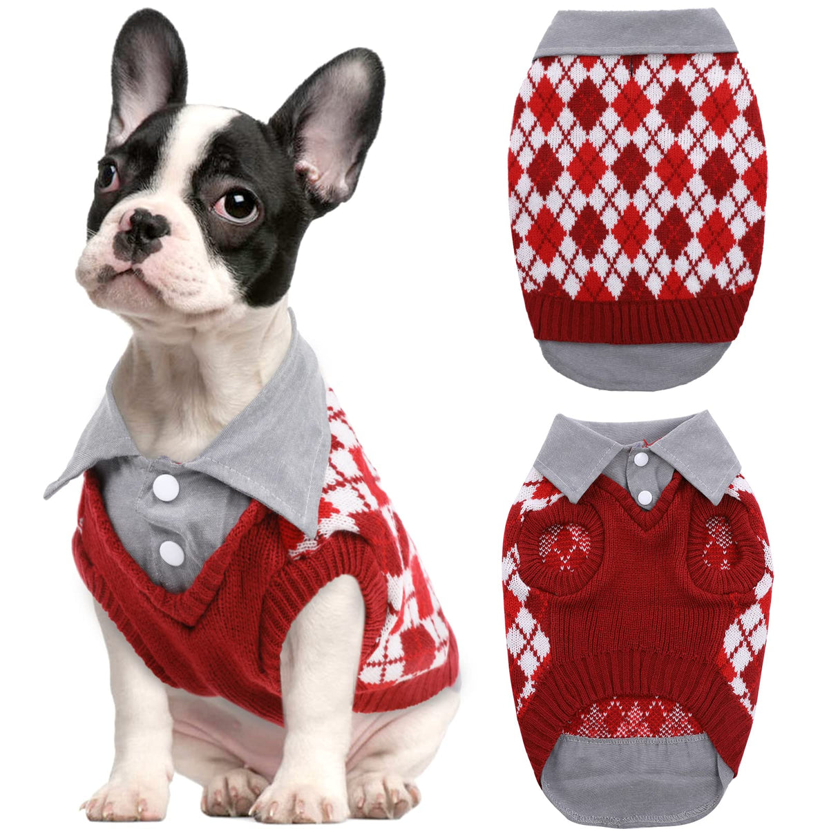 Kuoser Plaid Dog Sweater Warm Clothes, Patchwork Design Pet Dog Knitwear Classic Pullover Puppy Coat Cold Weather Sweatshirts Wi