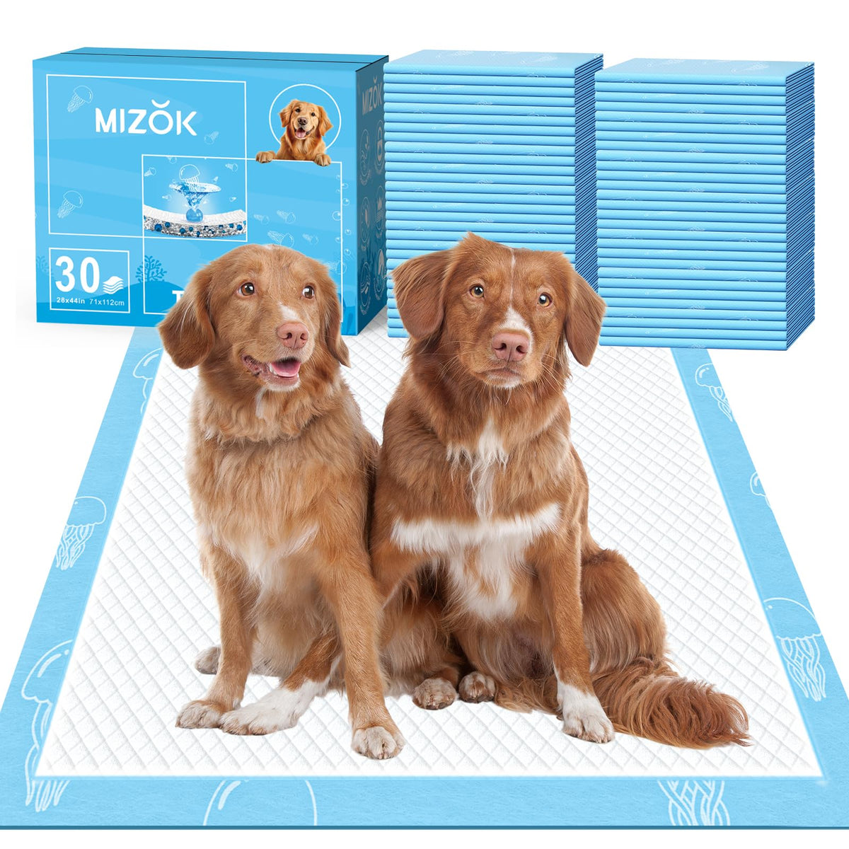 MIZOK Dog Pee Pads 28x44in Extra Long Dog Pads 12 Cups Superior Absorption Leak-Proof Pee Pads for Dogs Marine Scented Odor-Cont