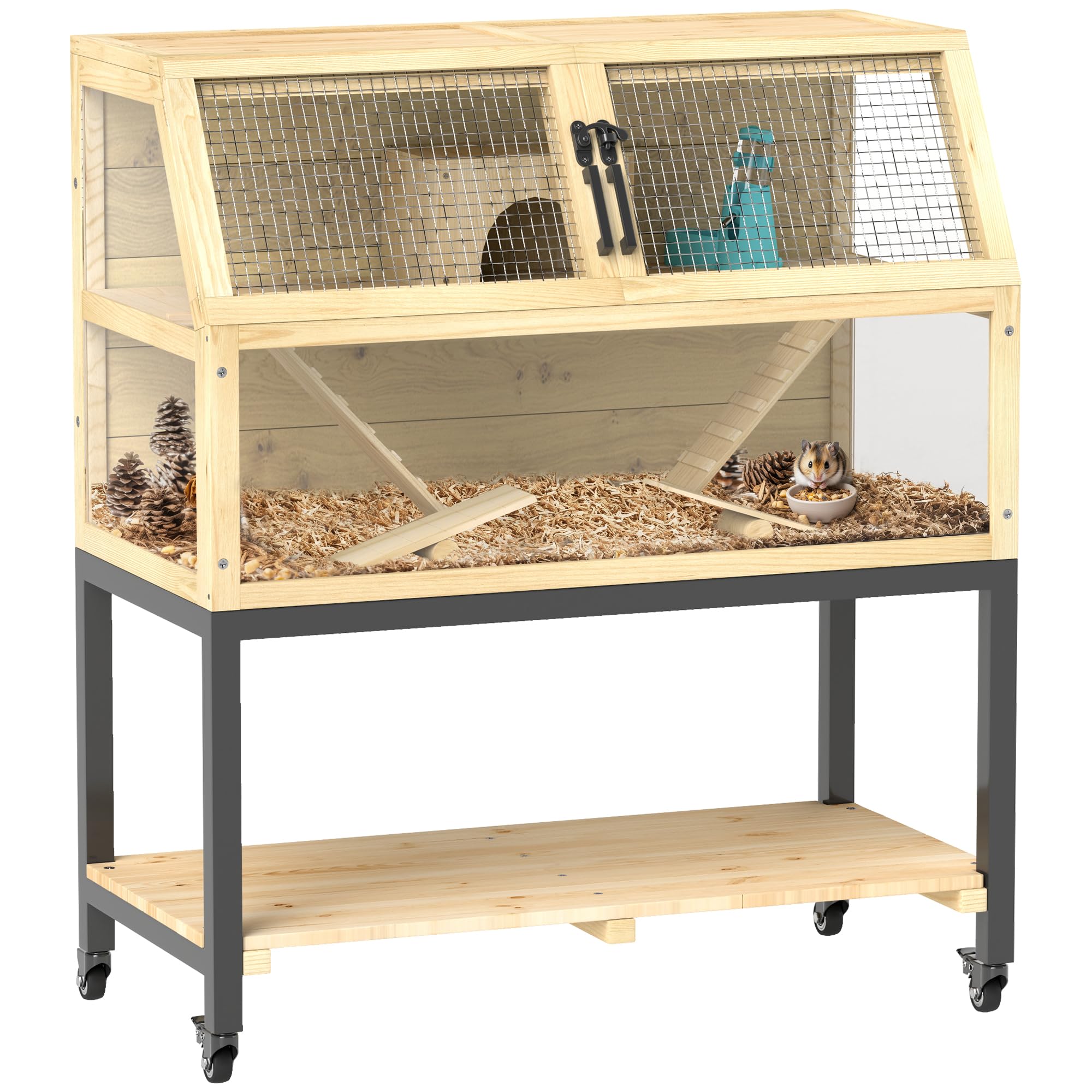 Pawhut Hamster Cage With Storage Shelf, Wooden Rat Cage On Wheel, Small Aniaml Cage With Seesaws, Water Bottle, Hut & Ramps, For