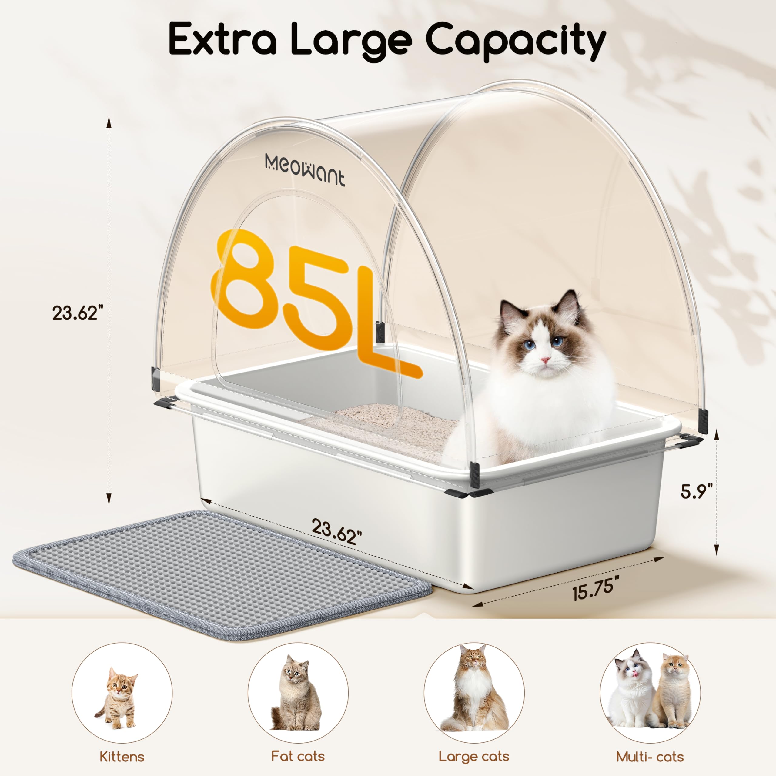 Meowant Stainless Steel Cat Litter Box, 2025 New Upgraded Extra Large Metal Litter Box with High Sided Oxford Fabric Cover & Ext