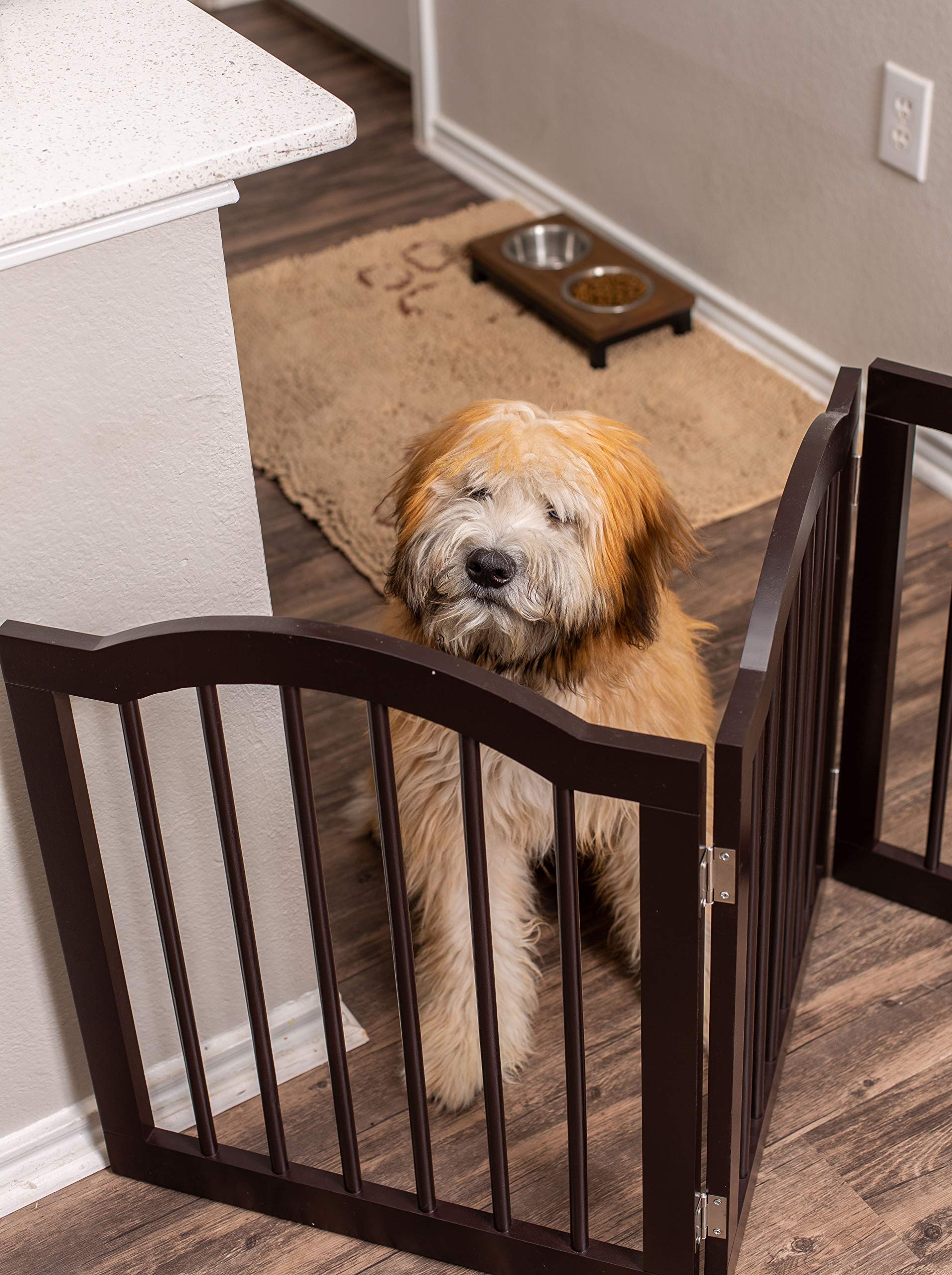 Internet'S Best Arched Top Dog Gate | 4 Panel, 24' H Wooden Pet Barrier For Dogs Or Cats | Freestanding Folding Room Divider For Doorways, Hallways, Stairs, And Porch | Portable, Extra Wide | Espresso