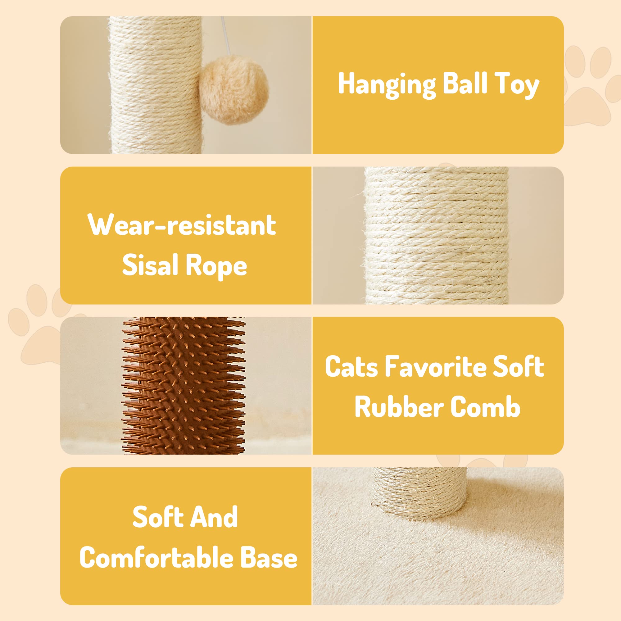 Meowhomm 32'' Cat Scratching Post With Self Groomer Cat Brush, Sisal Rope Tall Cat Scratching Post With Soft Hanging Ball For In