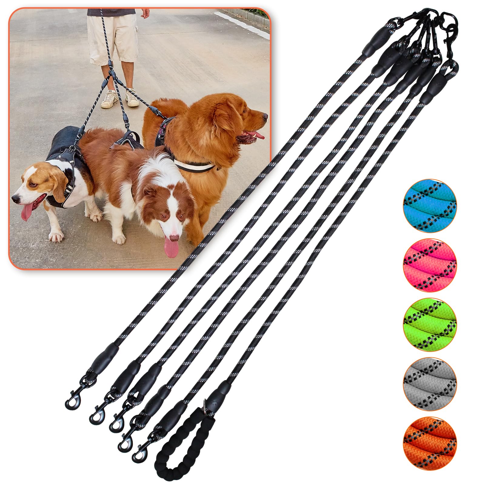 Five Dog Leash - 5 Way Swivel No Tangle Walking Leash For 5 Dogs, Comfortable With Reflective, Black