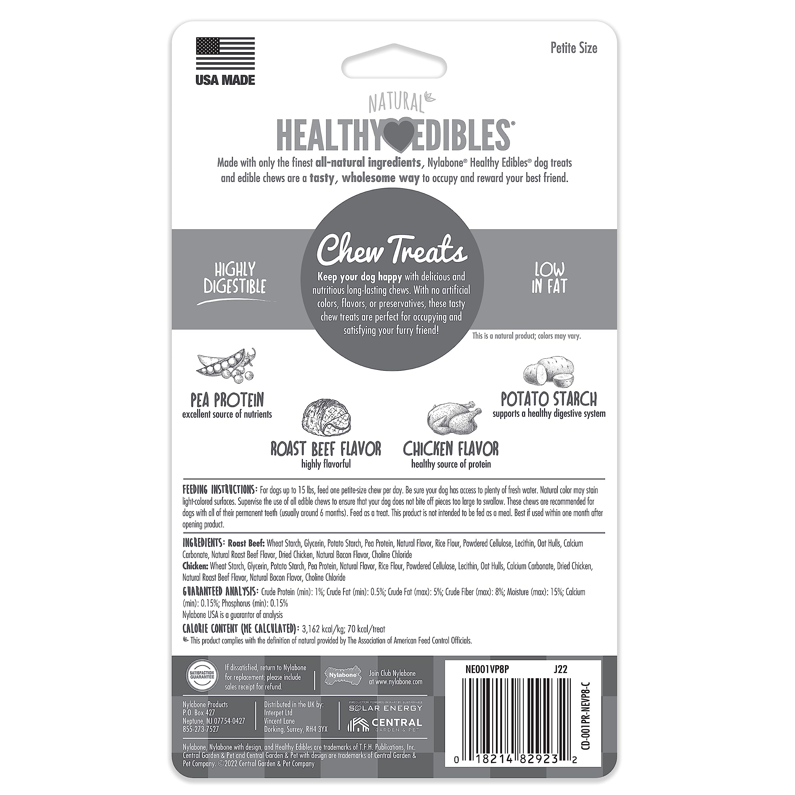 Nylabone Healthy Edibles Natural Dog Chews Long Lasting Chew Treats for Dogs, Roast Beef & Chicken Flavor, X-Small/Petite (8 Cou