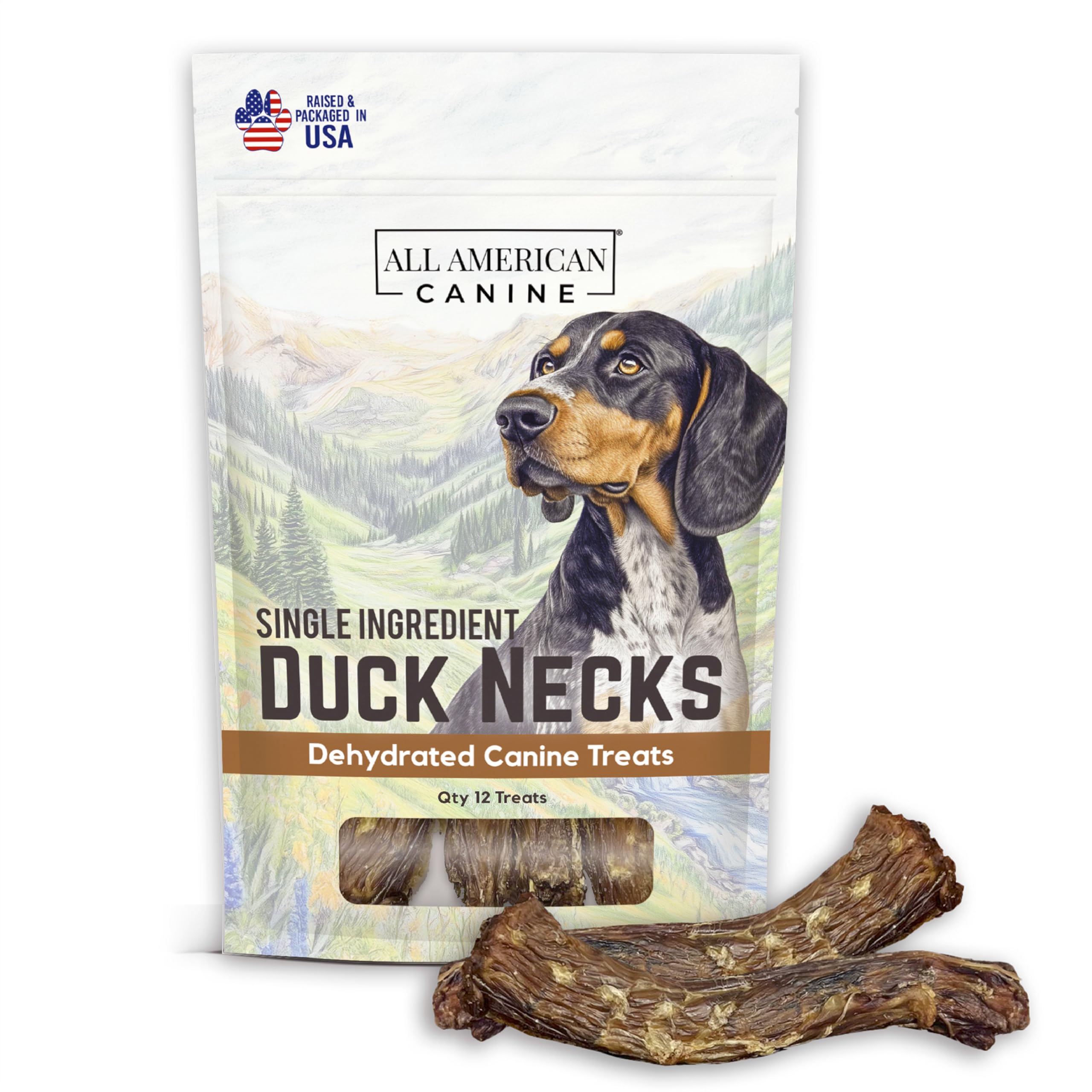All American Canine 12 Natural Duck Neck Dog Treats - Single Ingredient, Dehydrated & Chewy - Low-Fat, High-Protein Training Rew