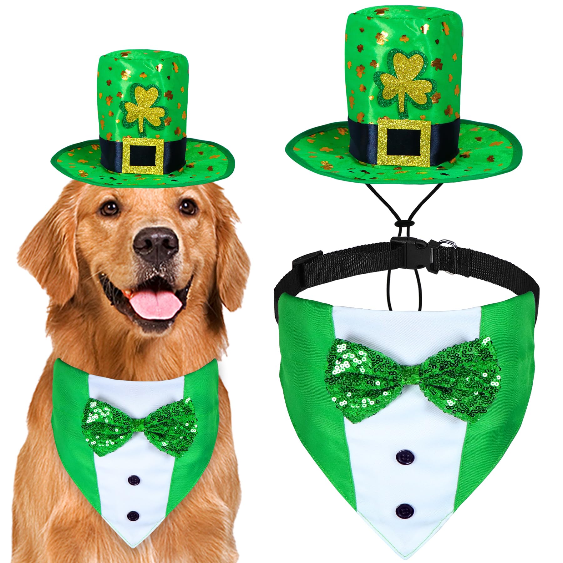 Goyoswa 2 Pcs Dog St. Patrick'S Day Outfit, St Patricks Day Dog Clothes Green Shamrock Dog Hat Dog Tuxedo Suit With Bow Tie For 