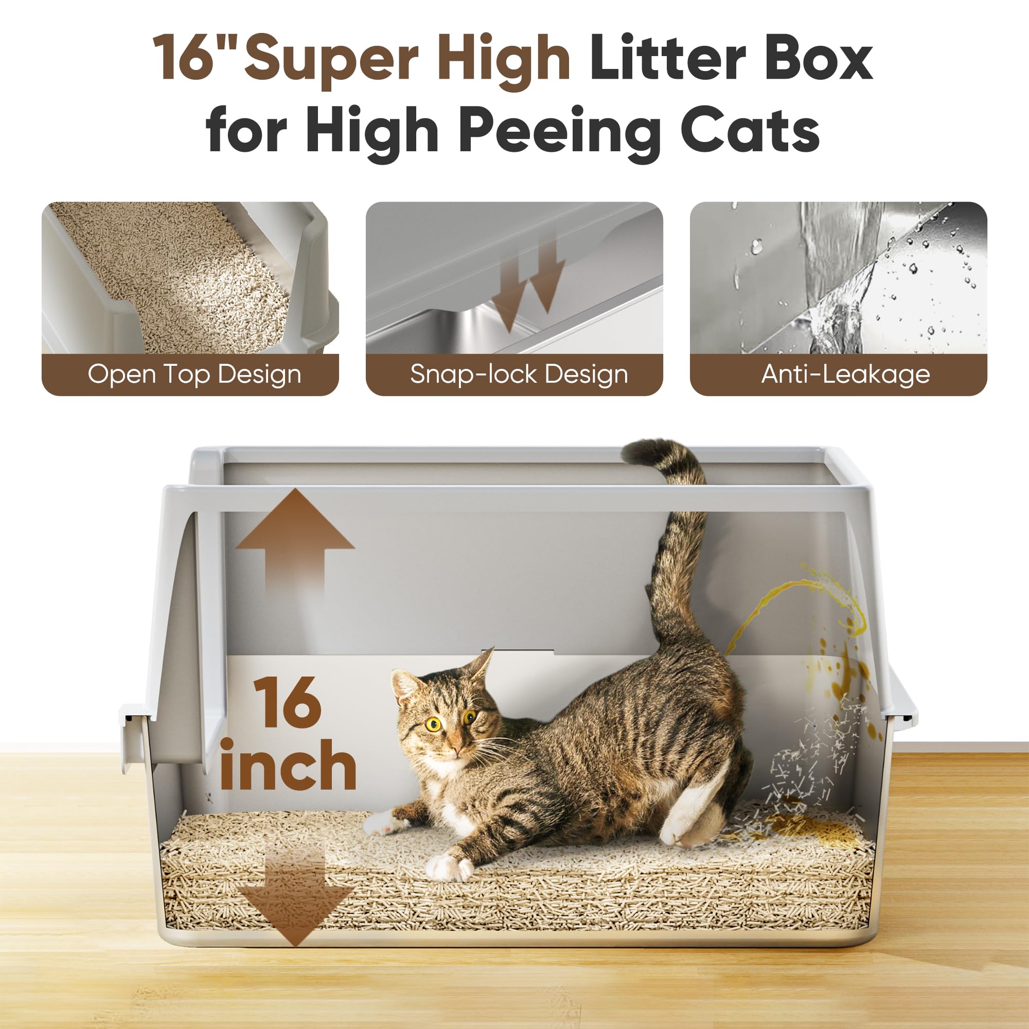 16'' High Sides Stainless Steel Litter Box With Lid, Xl Xxl Extra Large Enclosed Metal Litter Box For Big Cats & Kitty, Never Ab