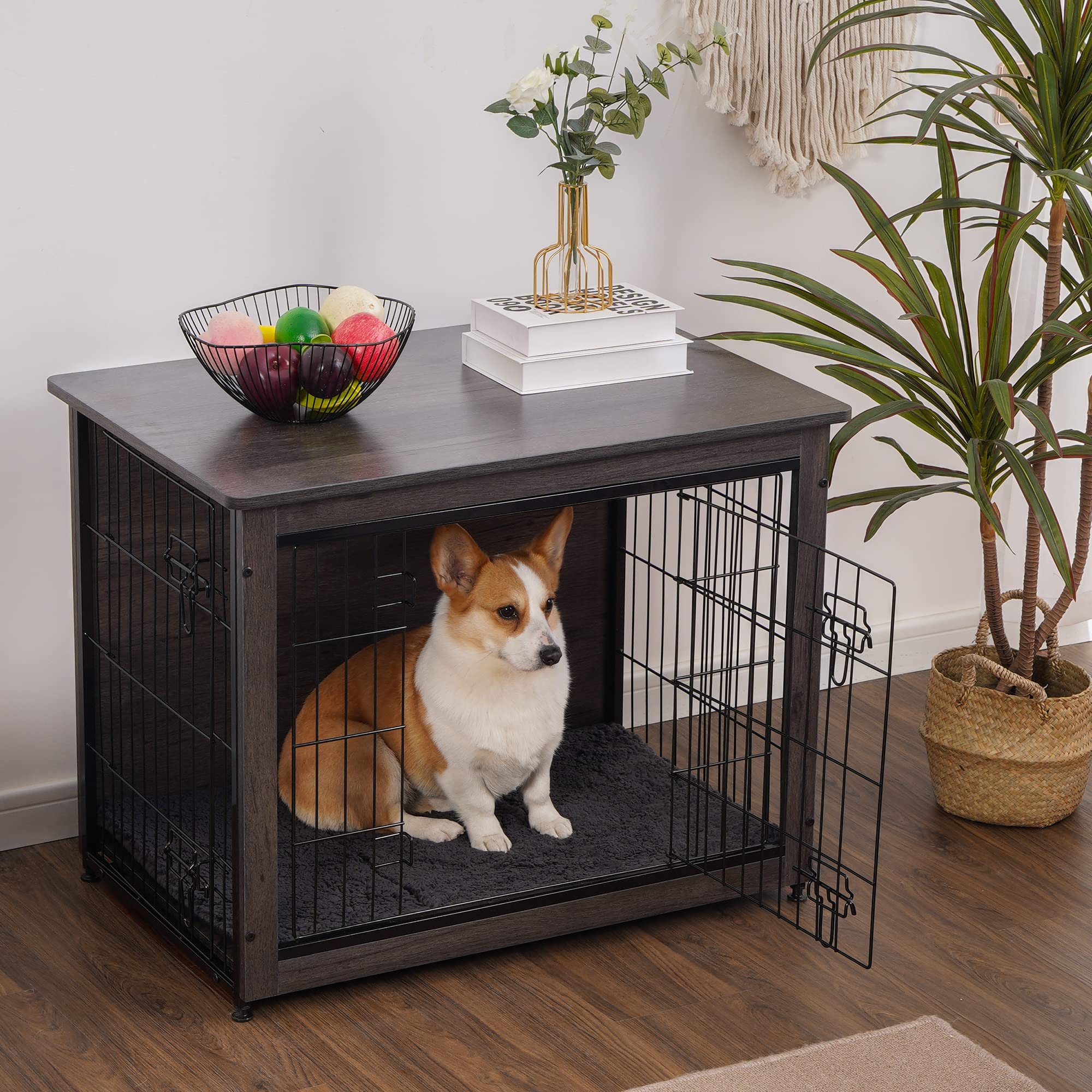 DWANTON Dog Crate Furniture with Cushion, Wooden Kennel Table with Double Doors, Indoor Dog House, Medium Size, 32.5 L, Dark Gra