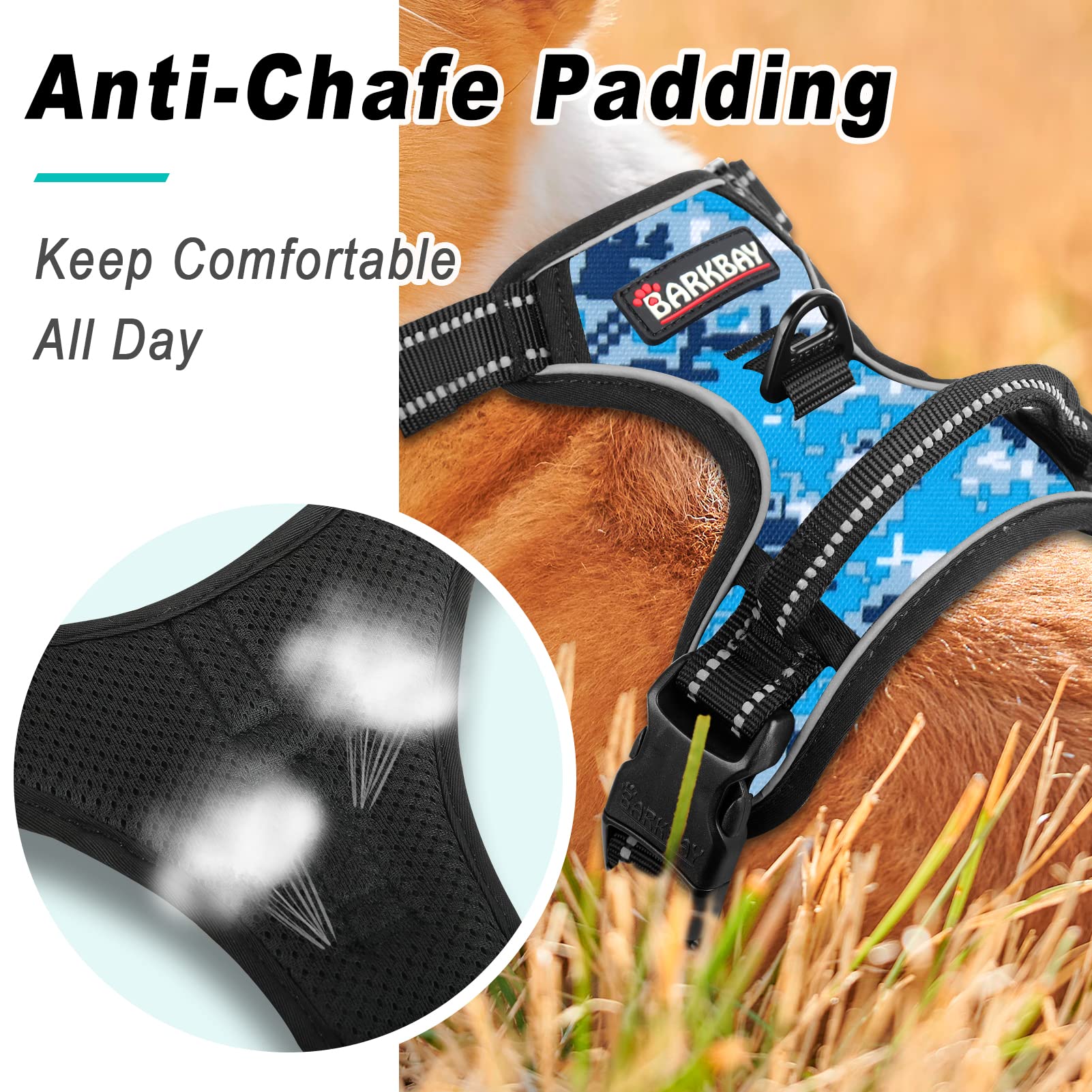 Barkbay No Pull Dog Harness Large Step In Reflective Dog Harness With Front Clip And Easy Control Handle For Walking Training Running(Blue Camo,M)