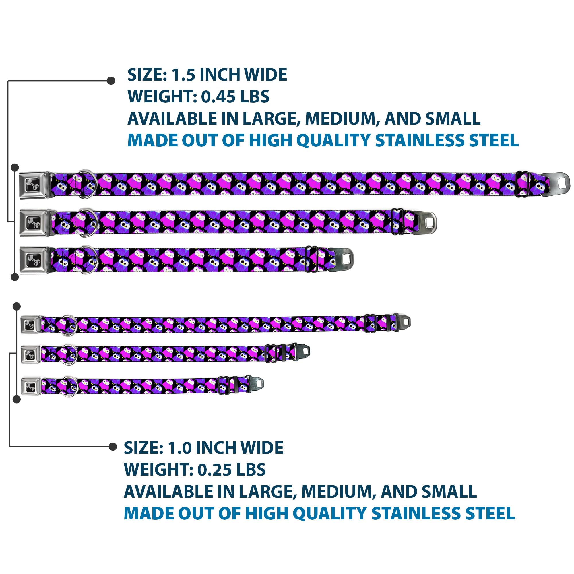 Dog Collar Seatbelt Buckle Owl Eyes Black Purples Pinks 16 to 23 Inches 1.5 Inch Wide