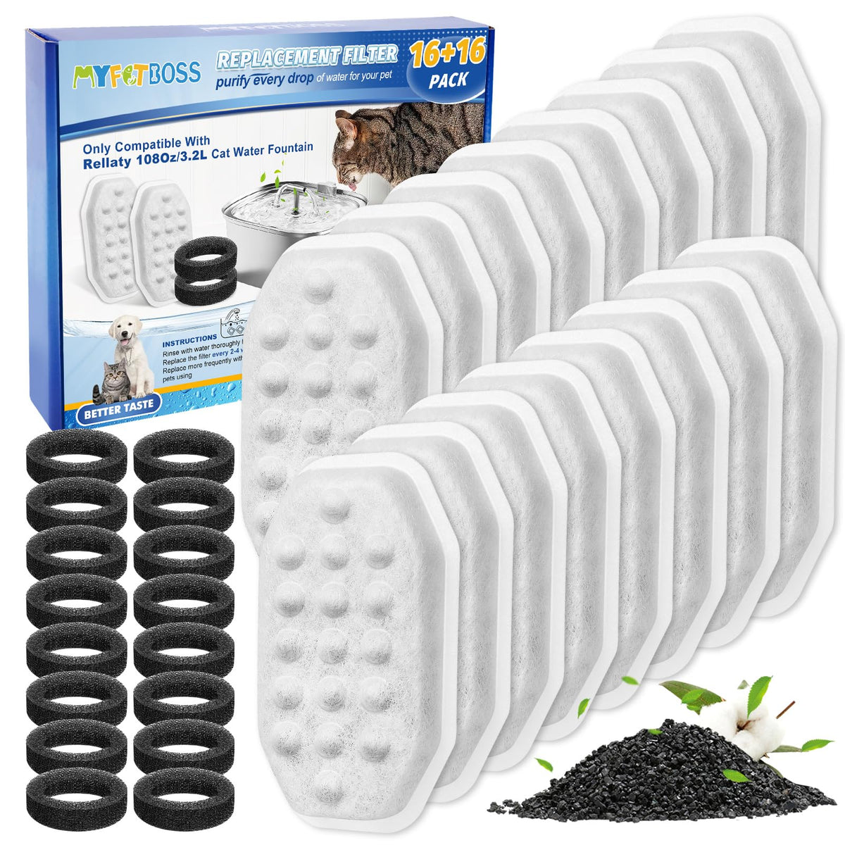 Myfatboss Cat Fountain Filter Replacement, Cat Water Fountain Filter Compatible With Rellaty 3.2L/108Oz Cat Water Fountain, 10 W